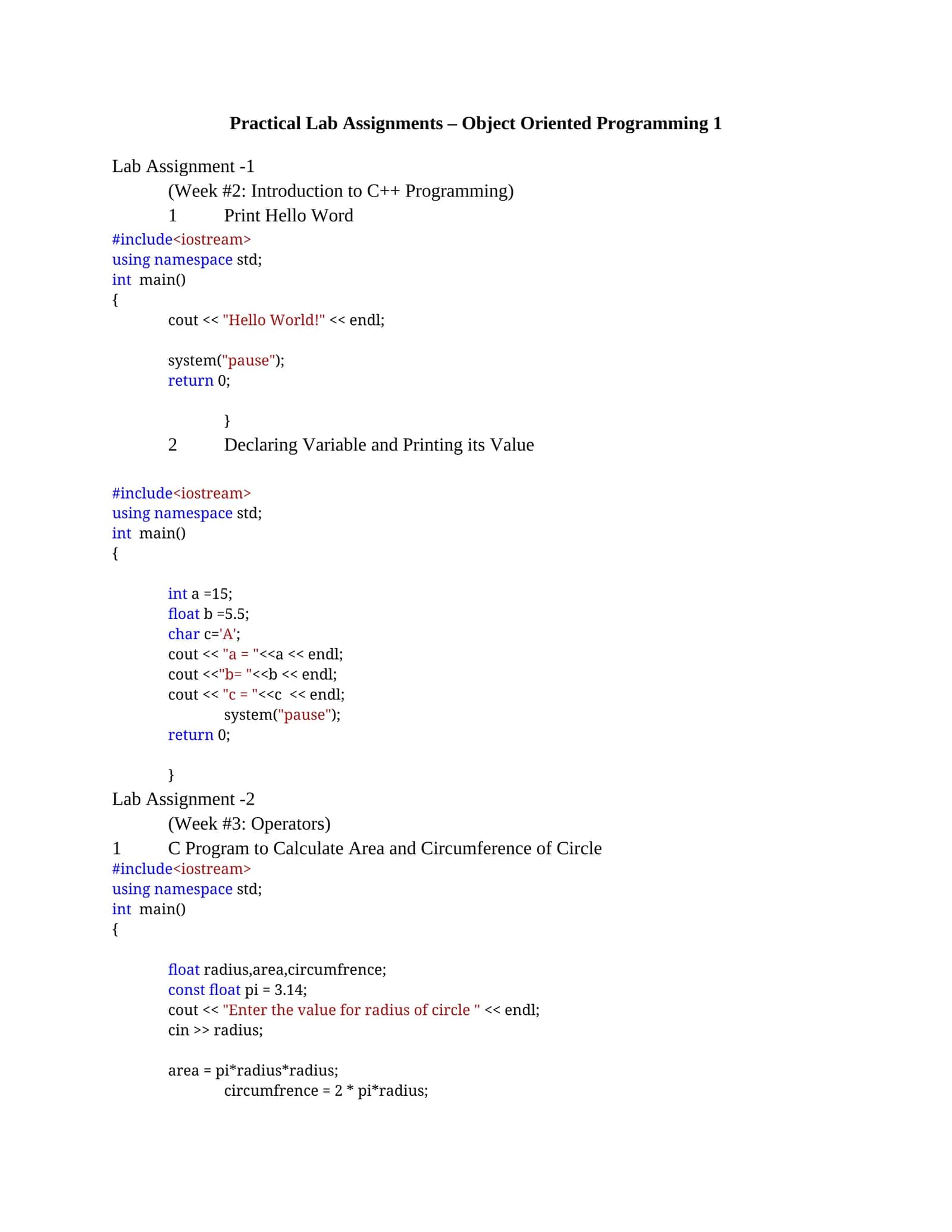 Practical Lab Assignments – Object Oriented Programming 1