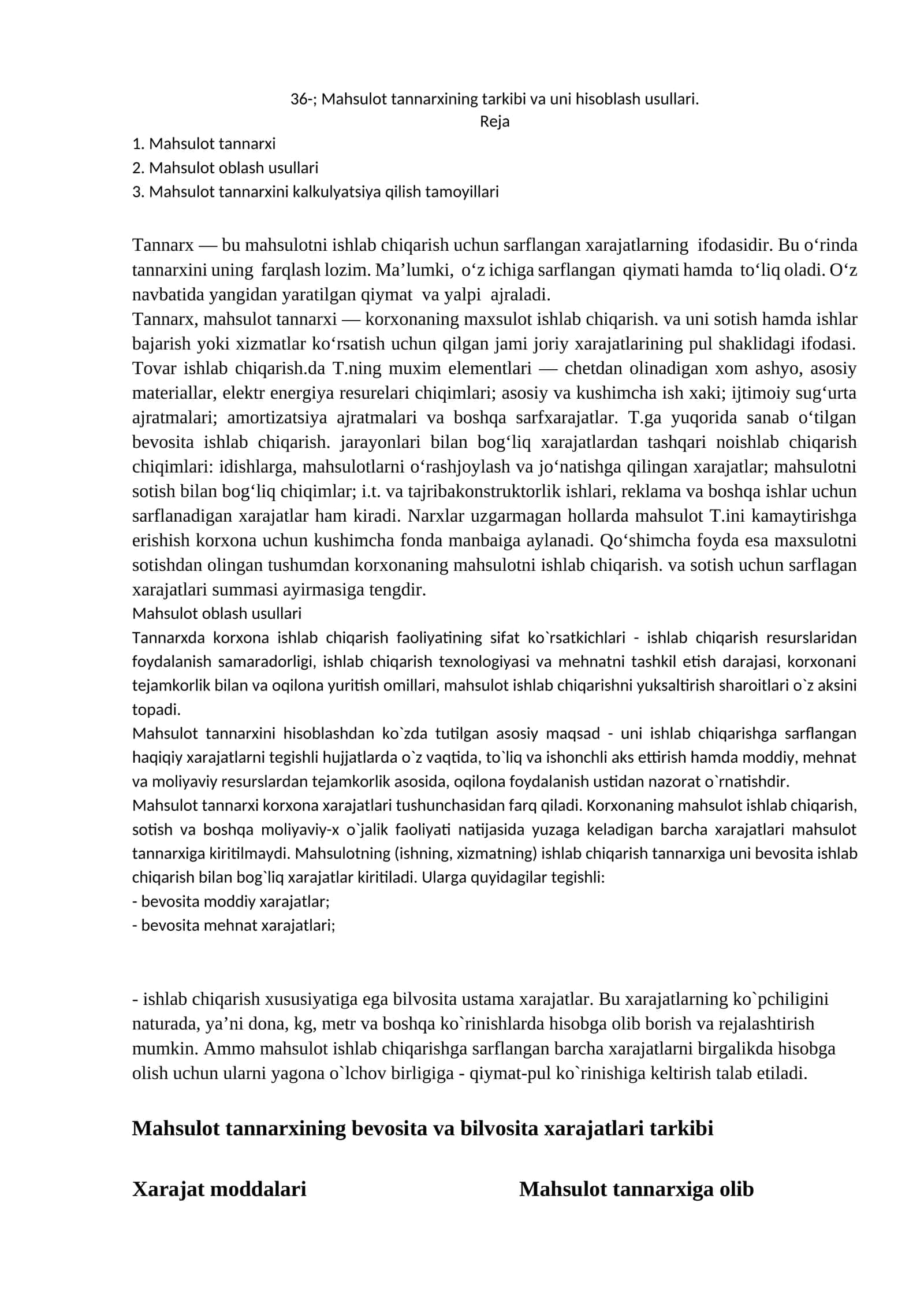 Mahsulot tannarxining tarkibi va uni hisoblash usullari