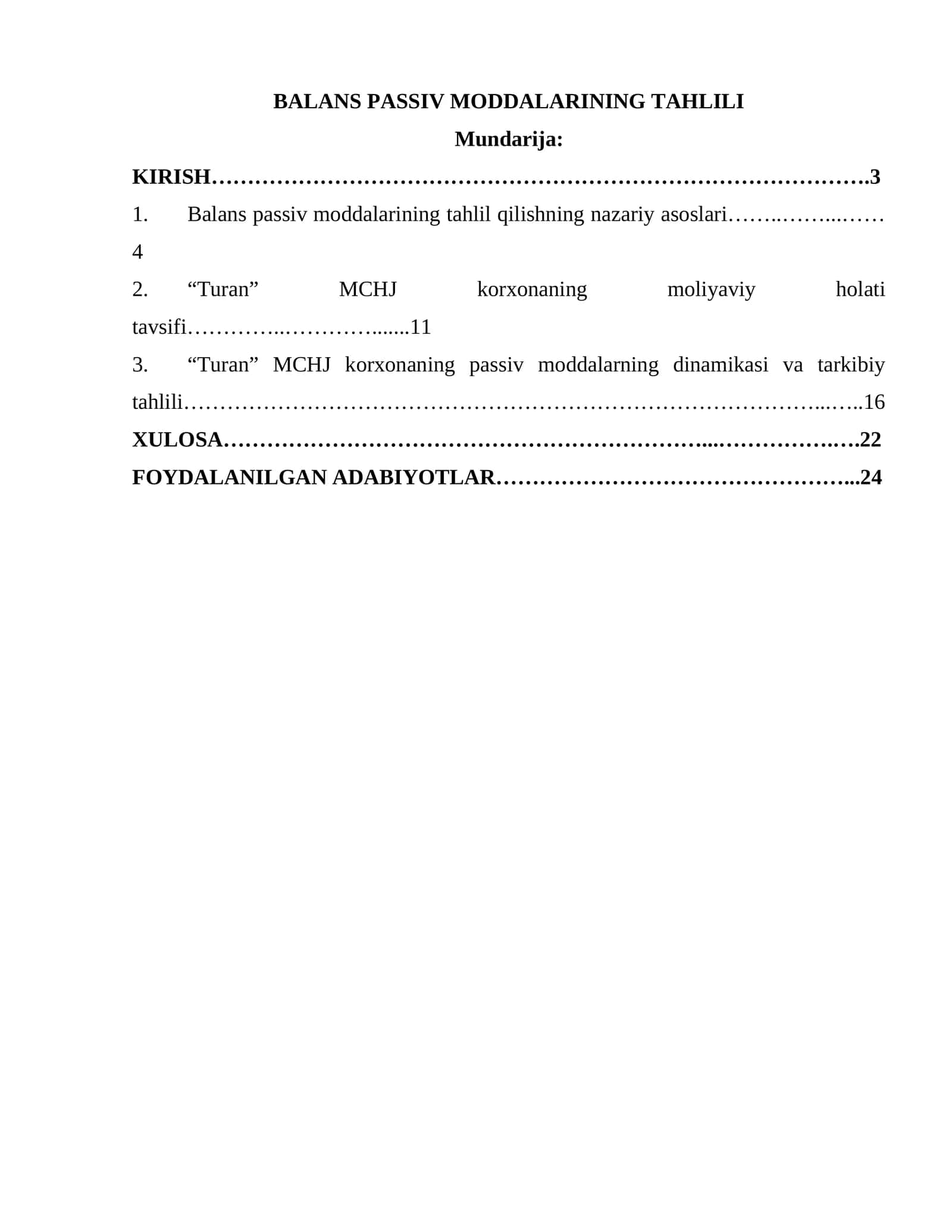 BALANS PASSIV MODDALARINING TAHLILI