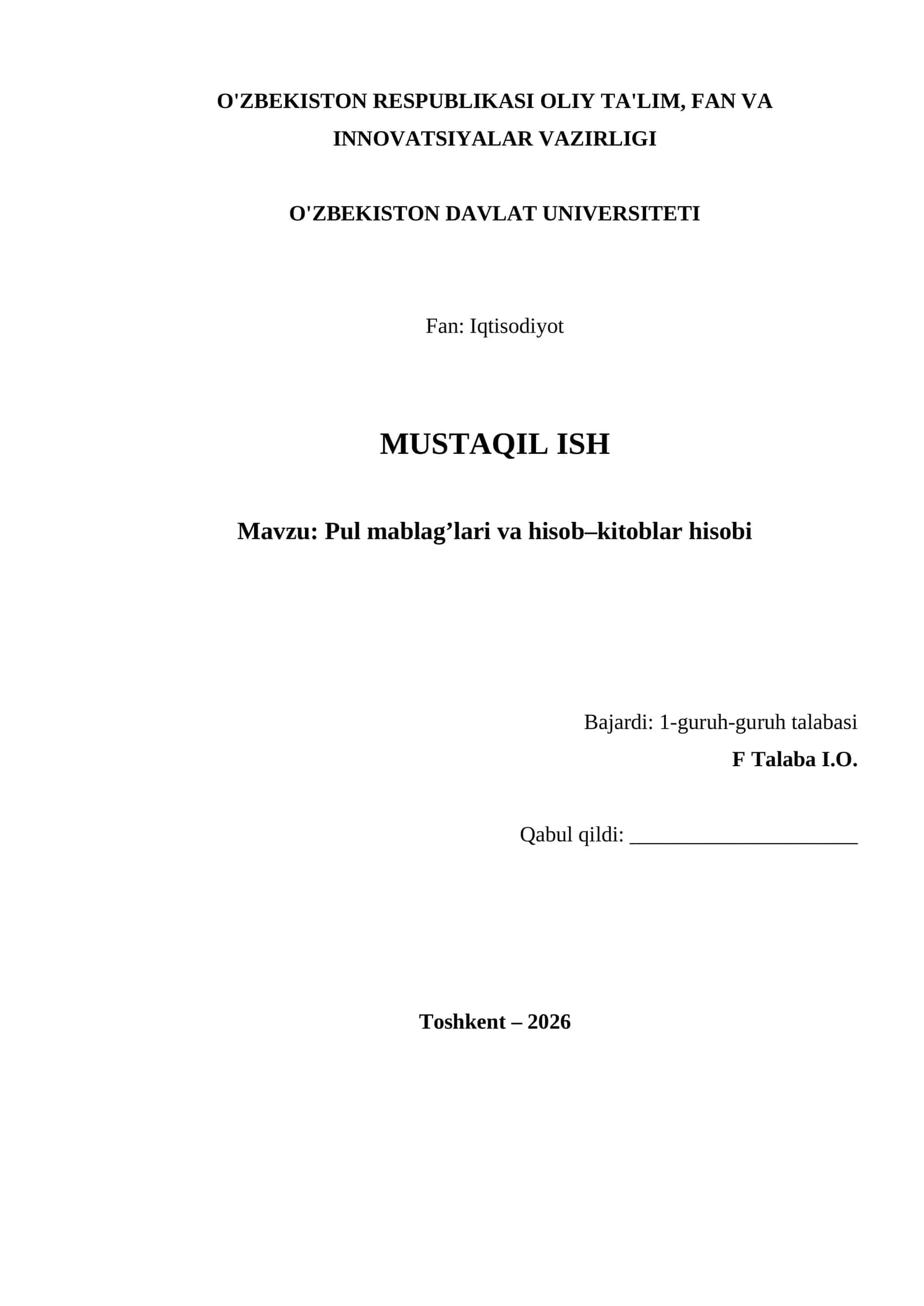 Pul mablag’lari va hisob–kitoblar hisobi