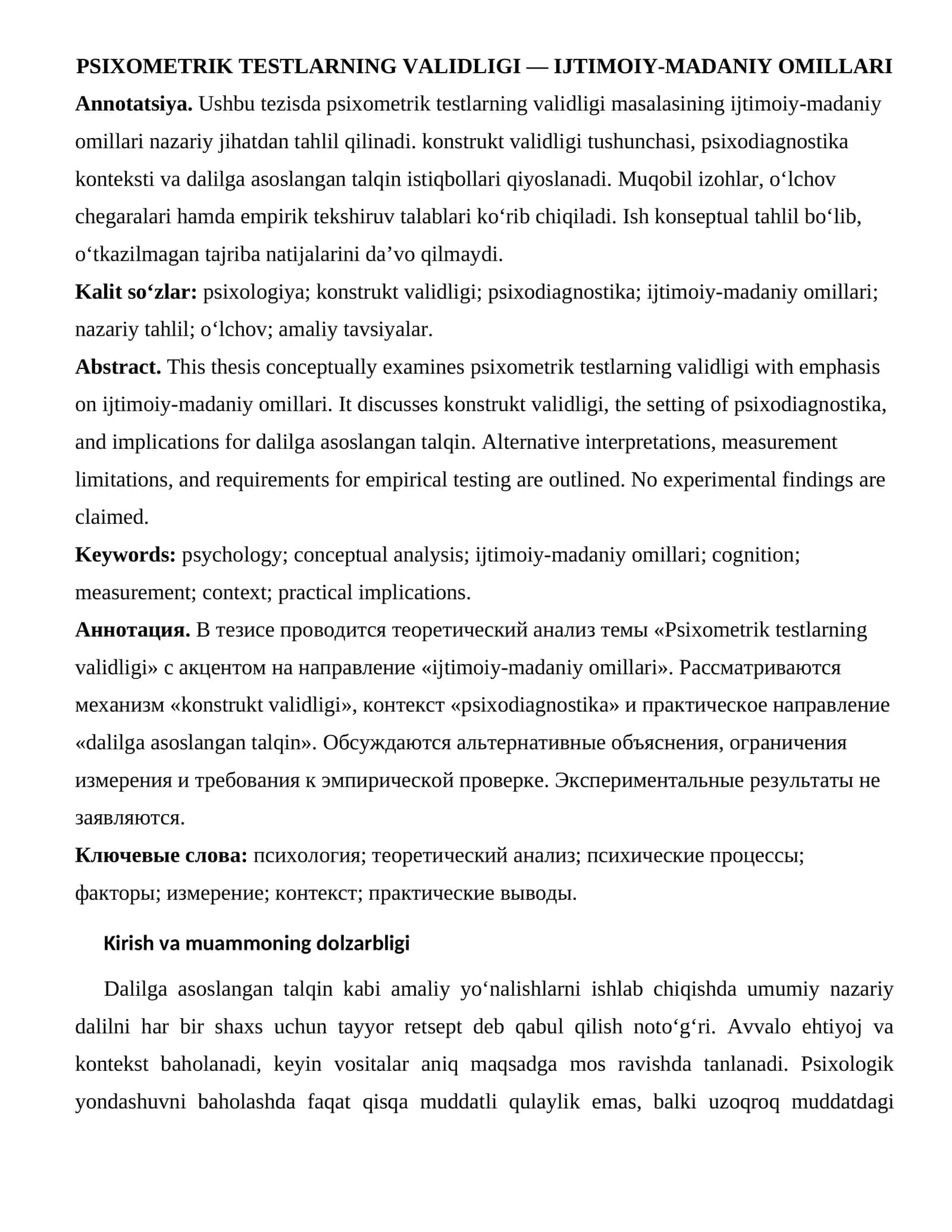 PSIXOMETRIK TESTLARNING VALIDLIGI — IJTIMOIY-MADANIY OMILLARI