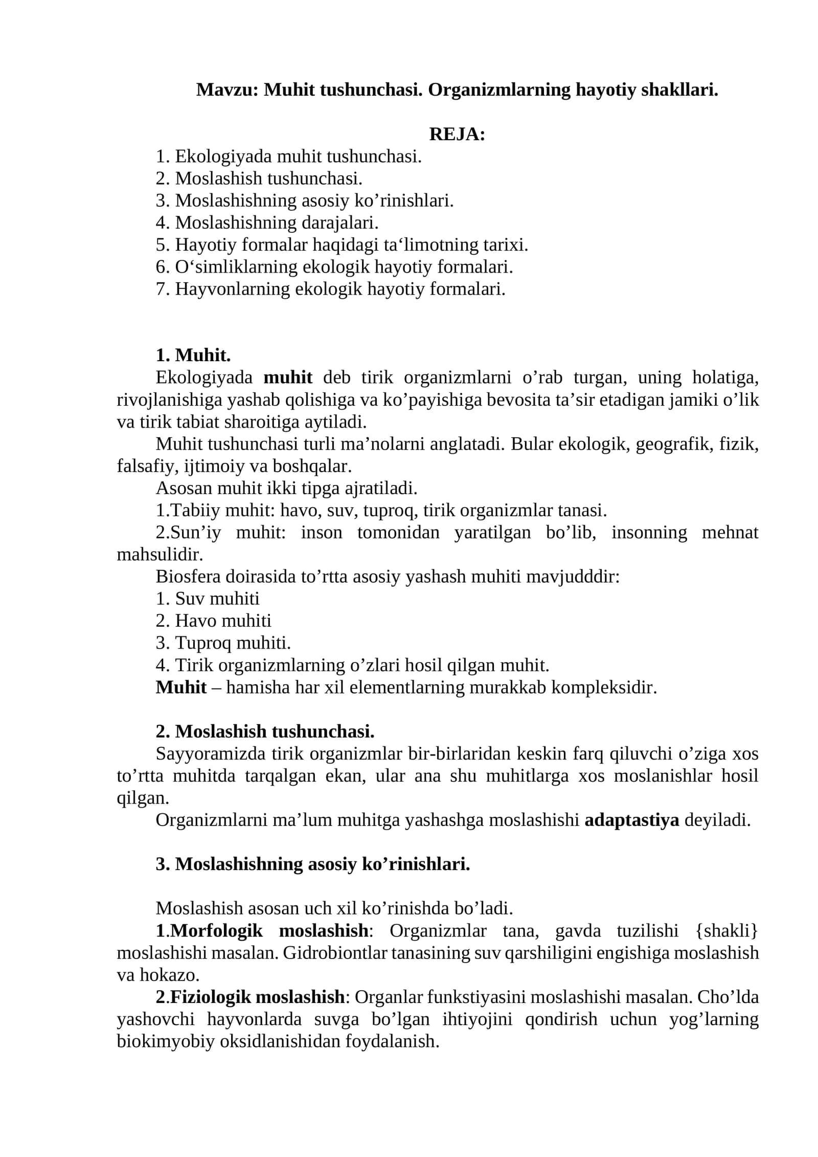 Muhit tushunchasi. Organizmlarning hayotiy shakllari