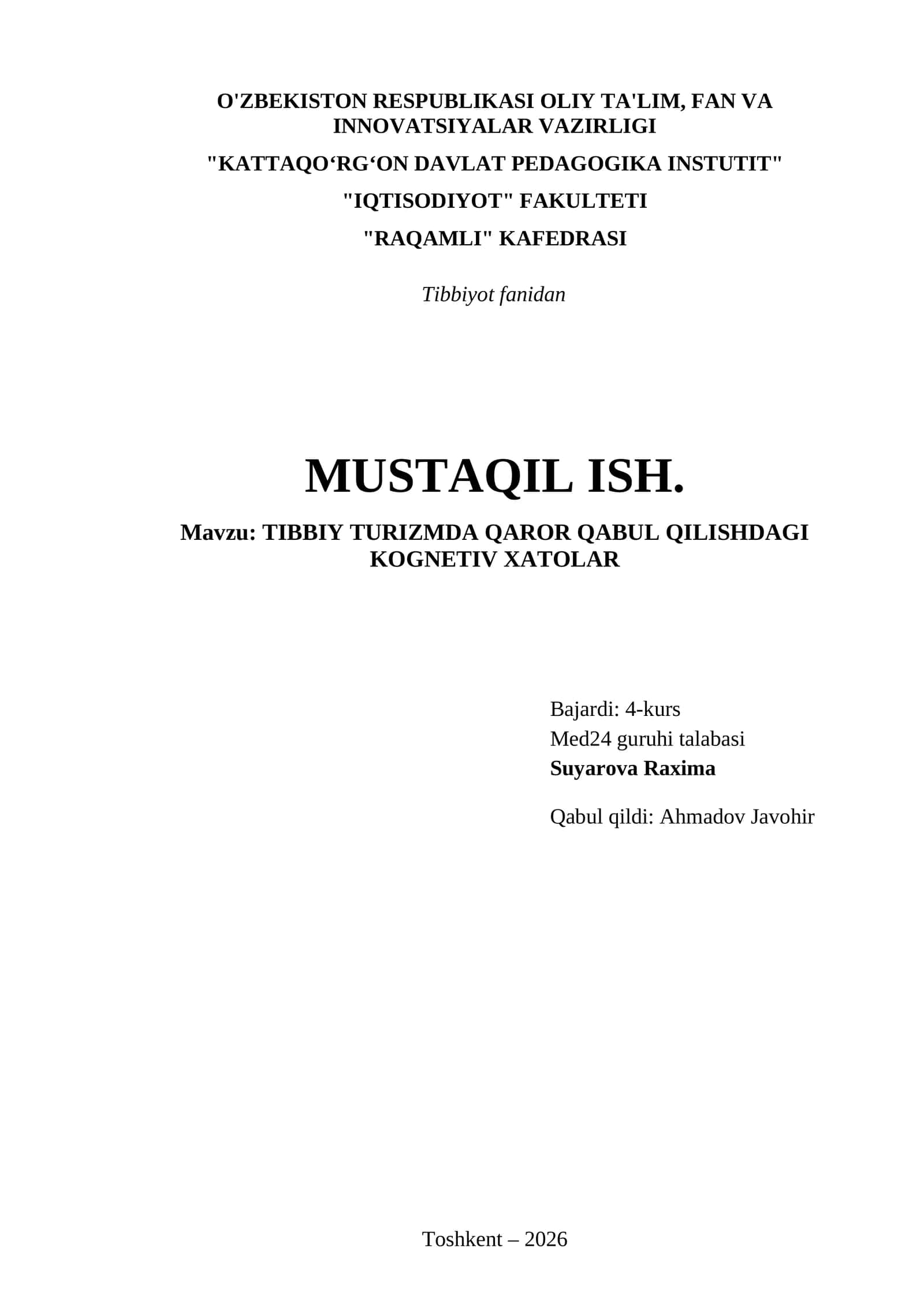 [TIBBIY TURIZMDA QAROR QABUL QILISHDAGI KOGNETIV XATOLAR]