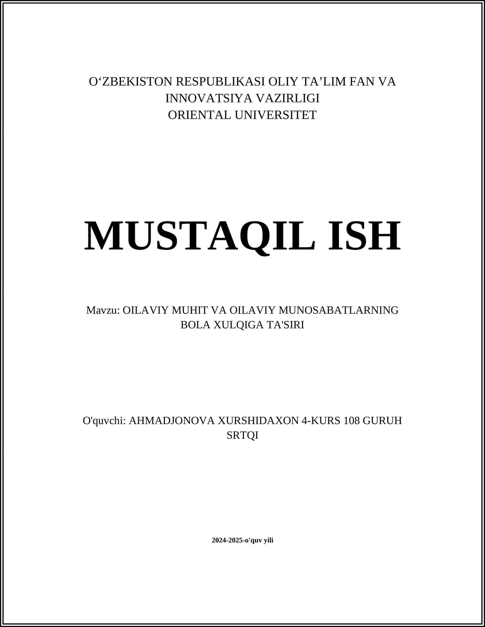 OILAVIY MUHIT VA OILAVIY MUNOSABATLARNING BOLA XULQIGA TA'SIRI