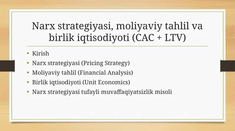 Narx strategiyasi, moliyaviy tahlil va birlik iqtisodiyoti (CAC + LTV)