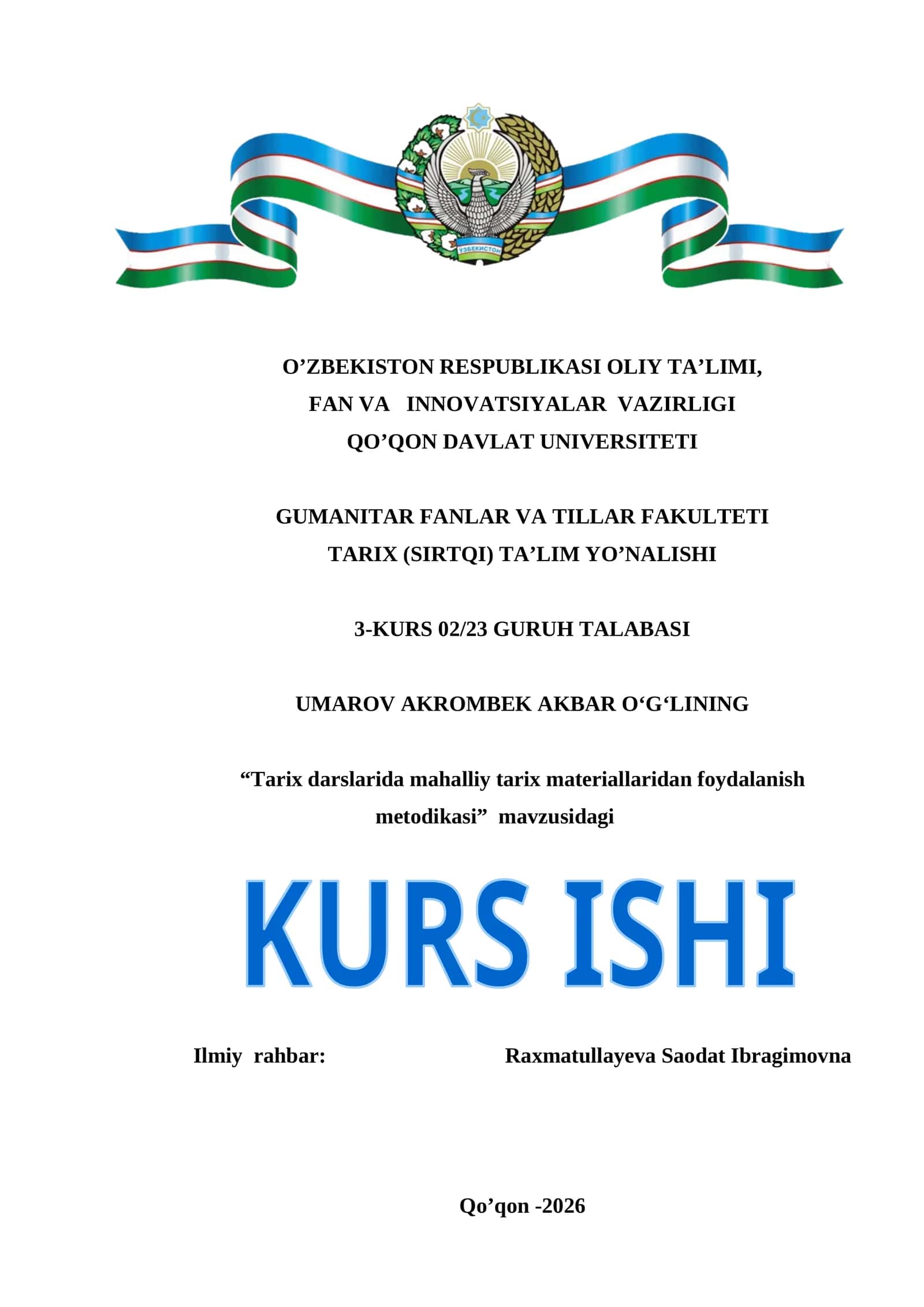 Tarix darslarida mahalliy tarix materiallaridan foydalanish metodikasi