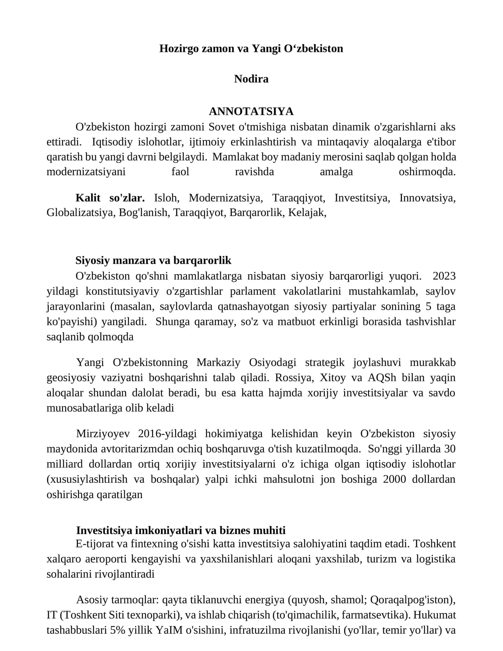 Hozirgo zamon va Yangi O‘zbekiston