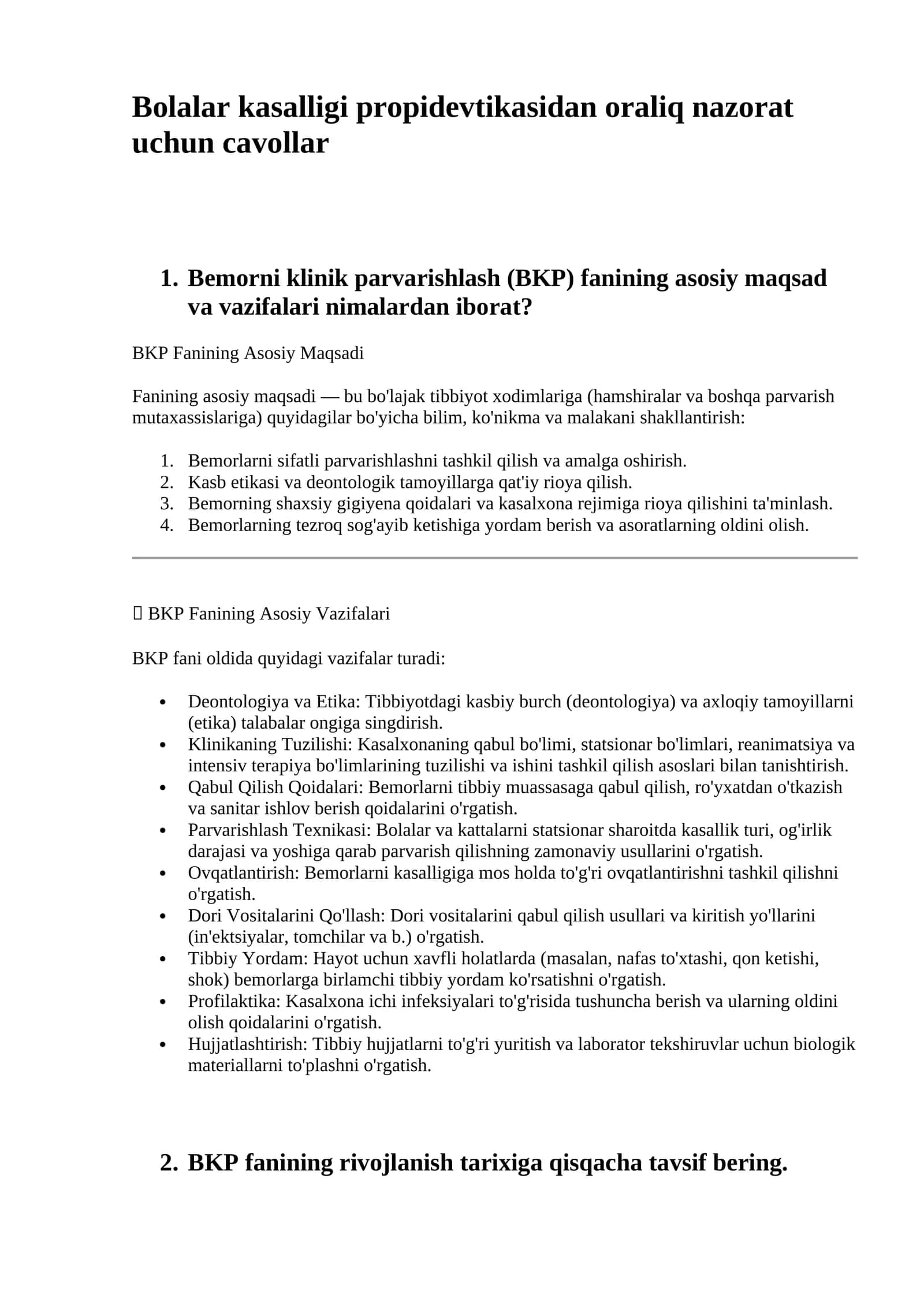 Bemorni klinik parvarishlash (BKP) fanining asosiy mavzadi