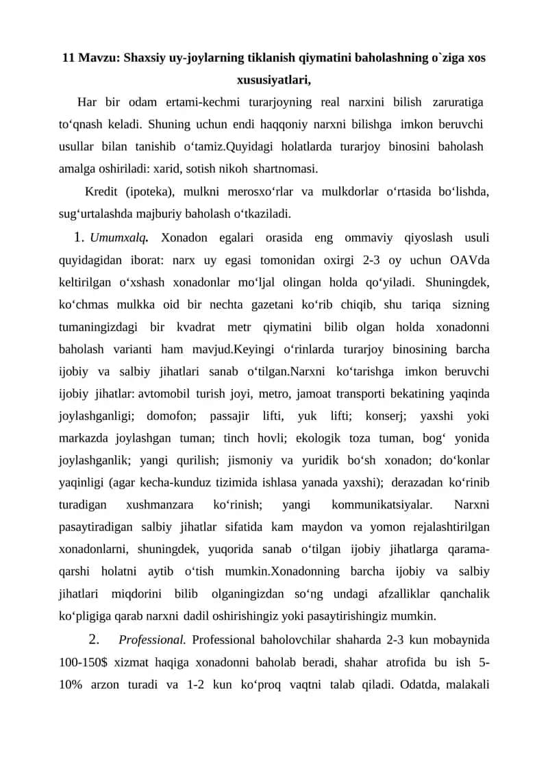 Shaxsiy uy-joylarning tiklanish qiymatini baholashning o`ziga xos xususiyatlari