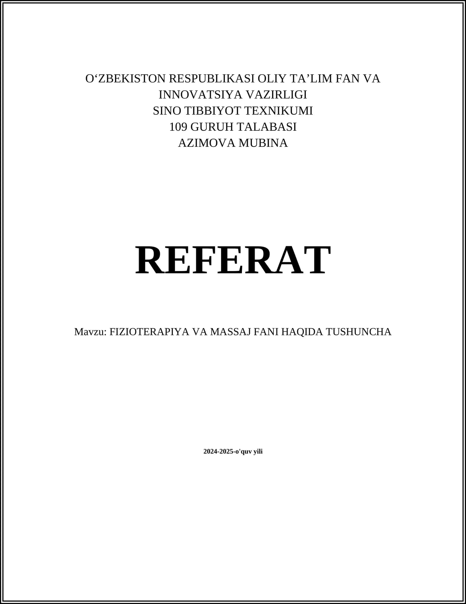 FIZIOTERAPIYA VA MASSAJ FANI HAQIDA TUSHUNCHA