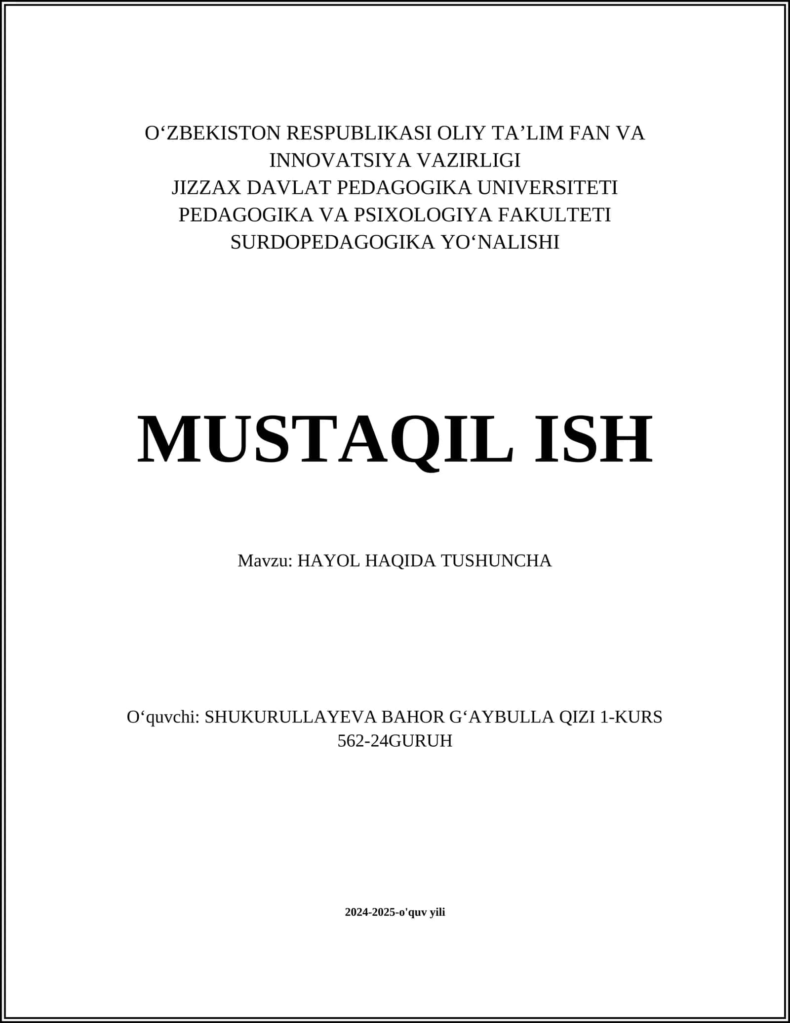 HAYOL HAQIDA TUSHUNCHA