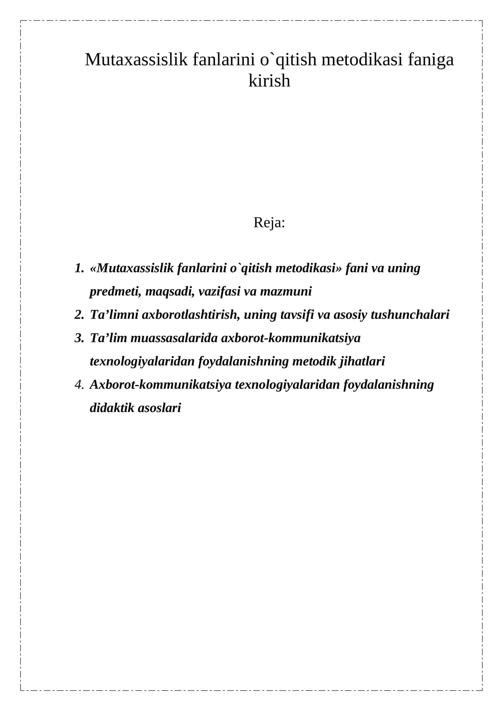 Mutaxassislik fanlarini o`qitish metodikasi