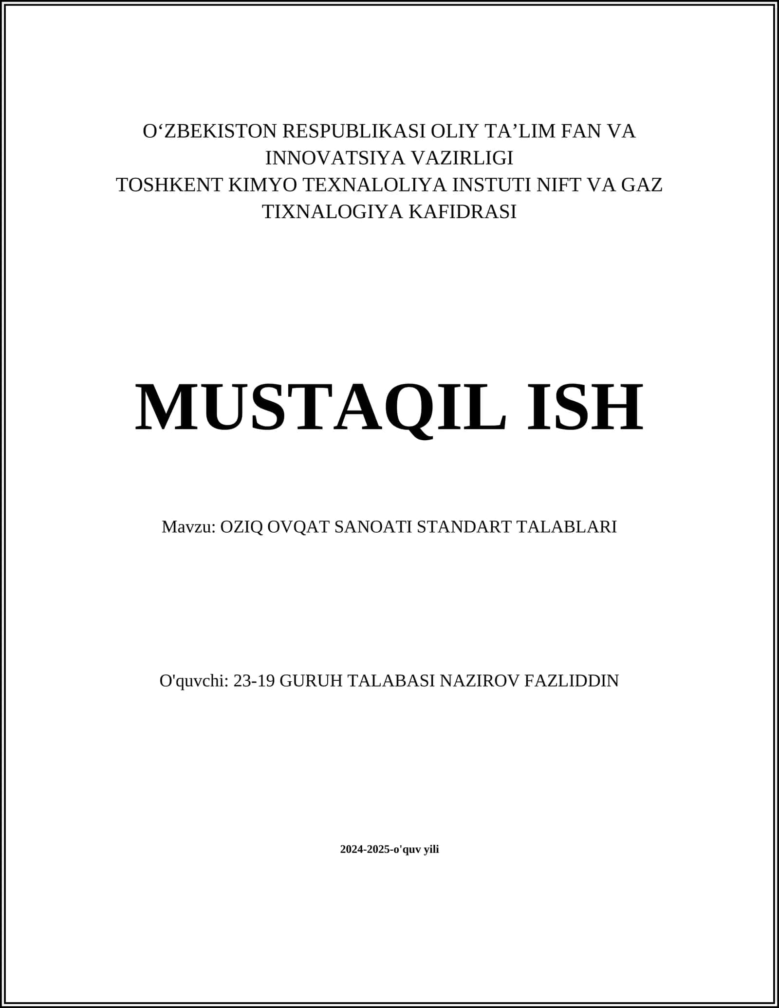 OZIQ OVQAT SANOATI STANDART TALABLARI