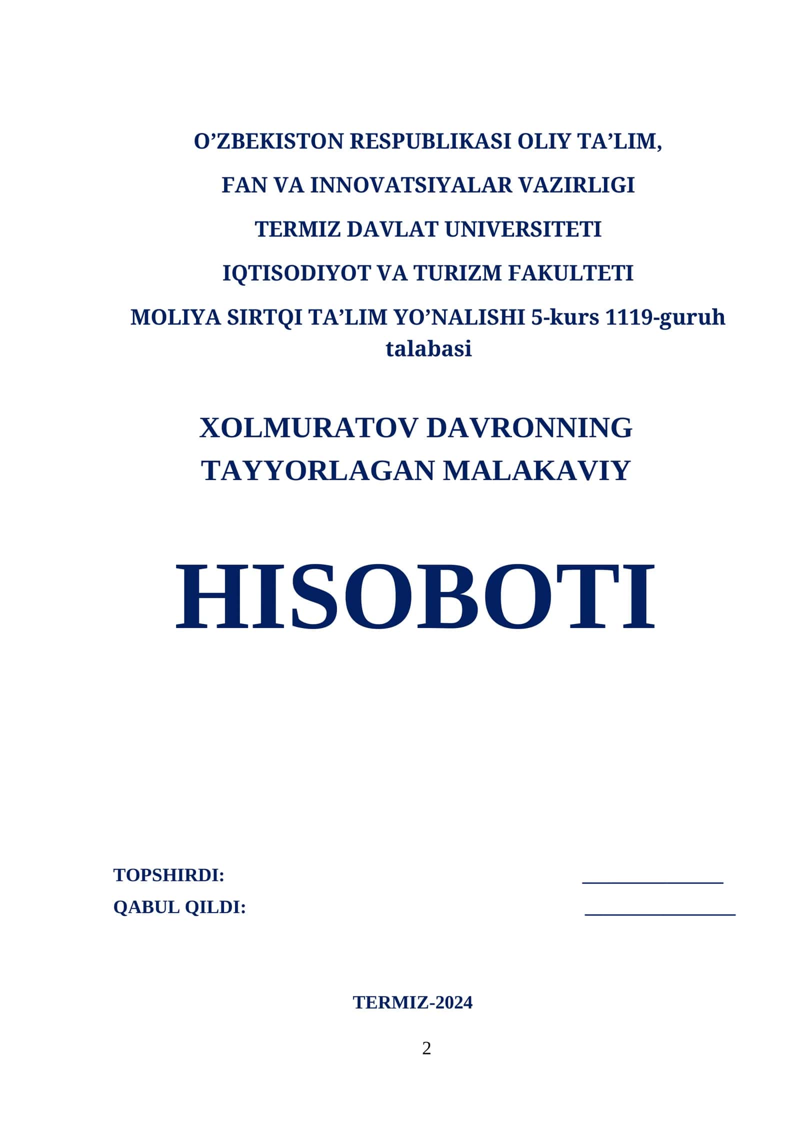 Moliya Sirtqi Ta'lim Yo'nalishi Malakaviy Hisoboti
