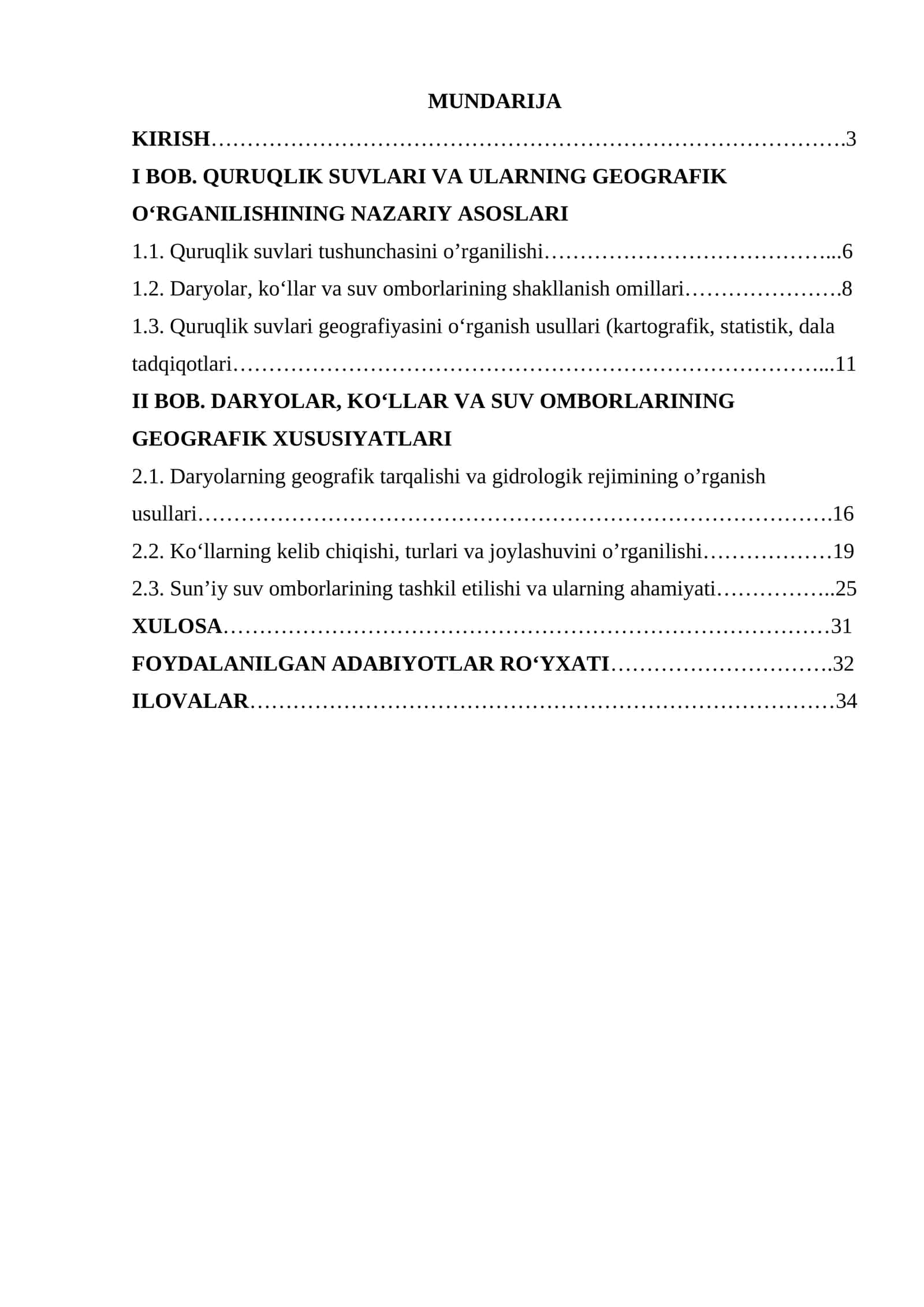 Quruqlik suvlari. daryo, ko‘l va suv omborlarining geografik o‘rganilishi