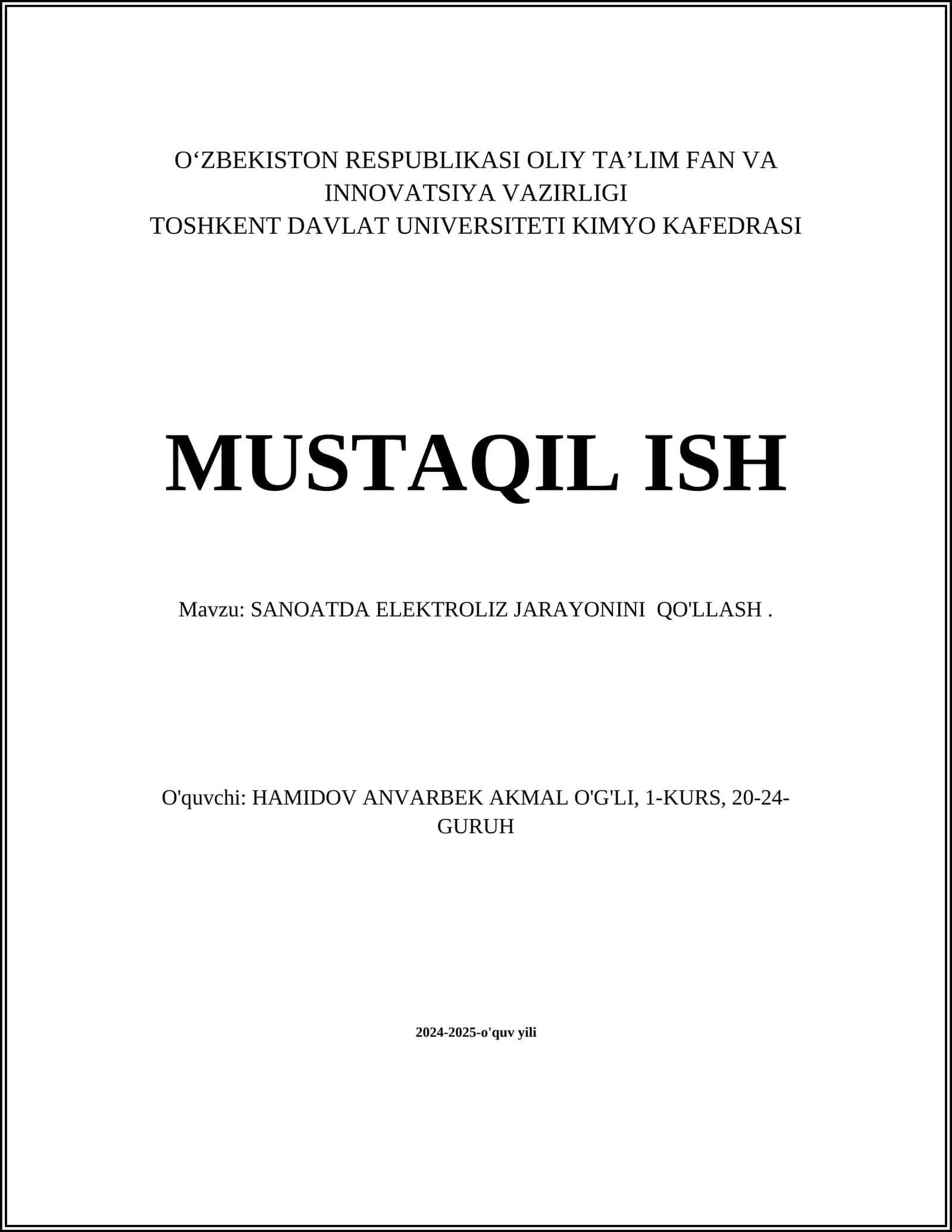 SANOATDA ELEKTROLIZ JARAYONINI QO'LLASH