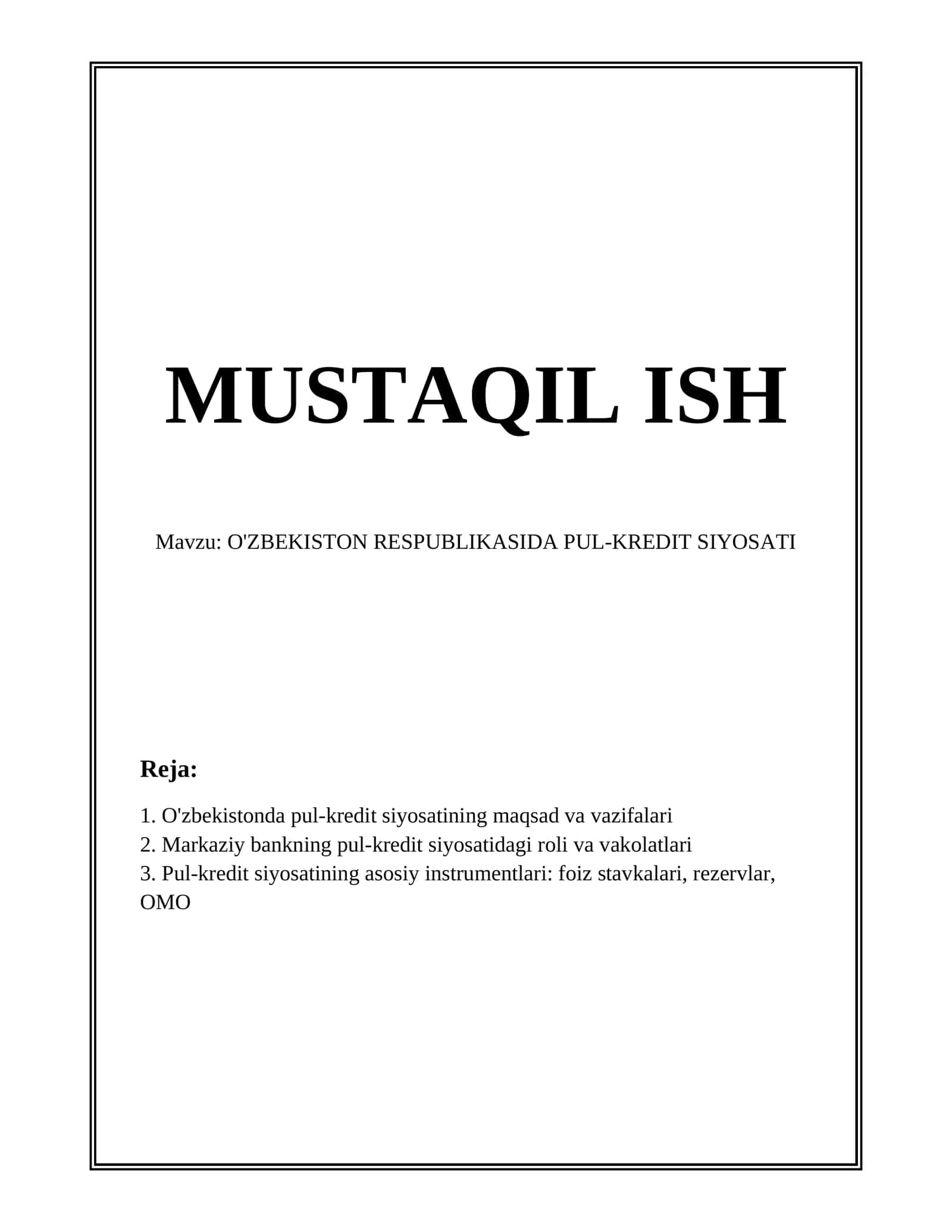 O'ZBEKISTON RESPUBLIKASIDA PUL-KREDIT SIYOSATI