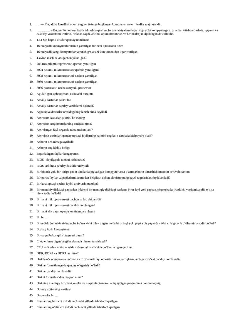 Informatika fanidan test savollari