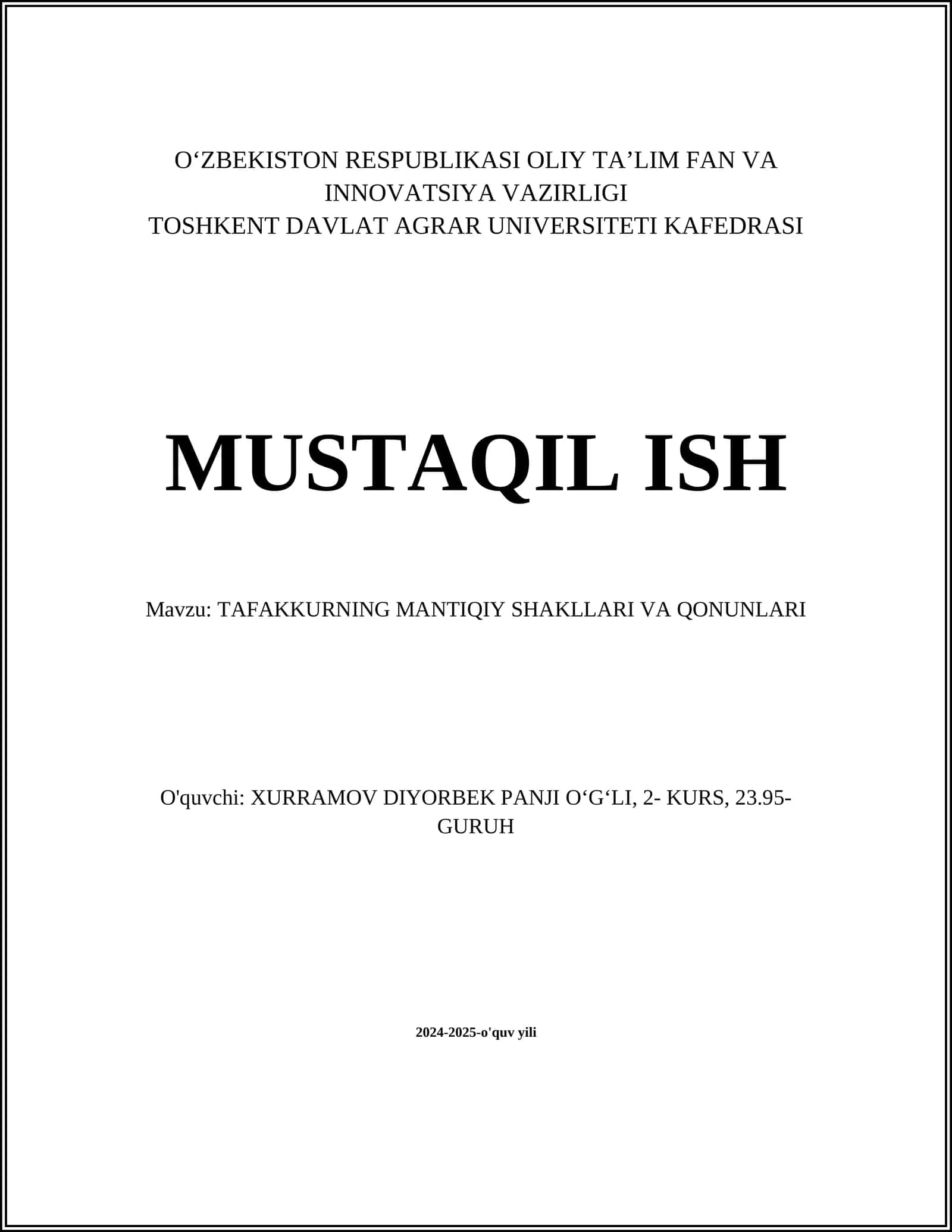 TAFAKKURNING MANTIQIY SHAKLLARI VA QONUNLARI