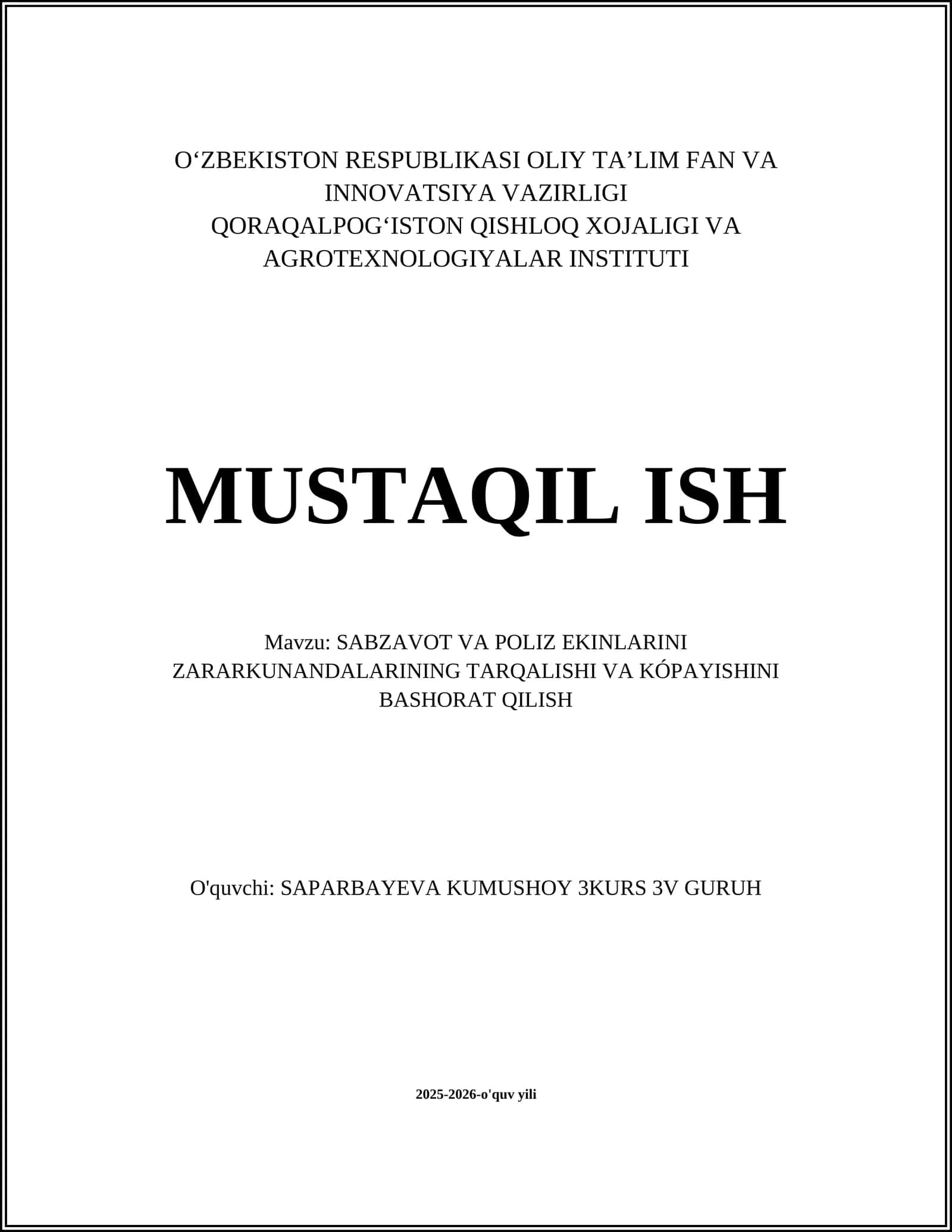 SABZAVOT VA POLIZ EKINLARINI ZARARKUNANDALARINING TARQALISHI VA KÓPAYISHINI BASHORAT QILISH