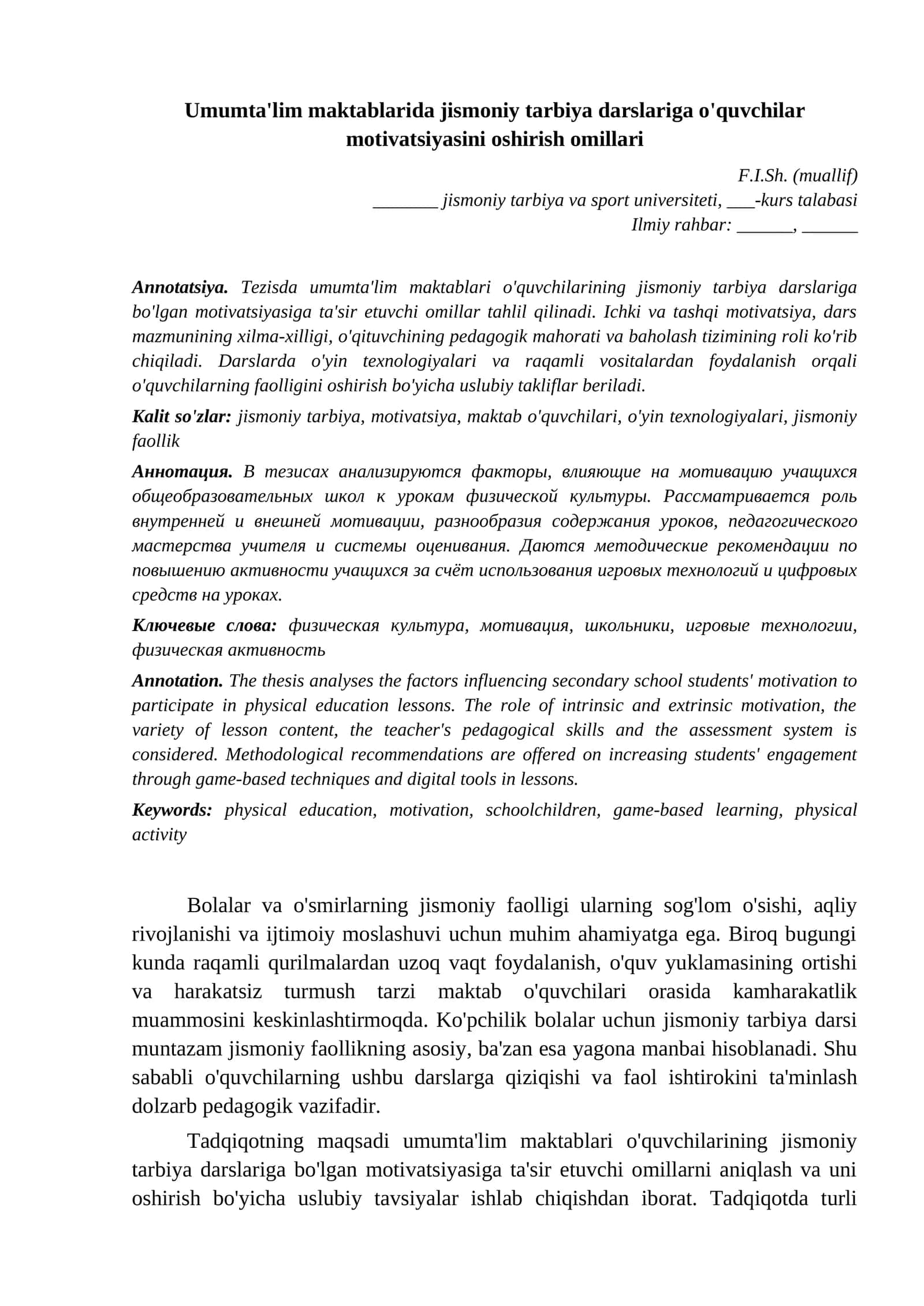 Na'muna tezis 39 Sport va jismoniy tarbiya Umumtalim maktablarida jismoniy tarbiya darslariga oquvchila namuna