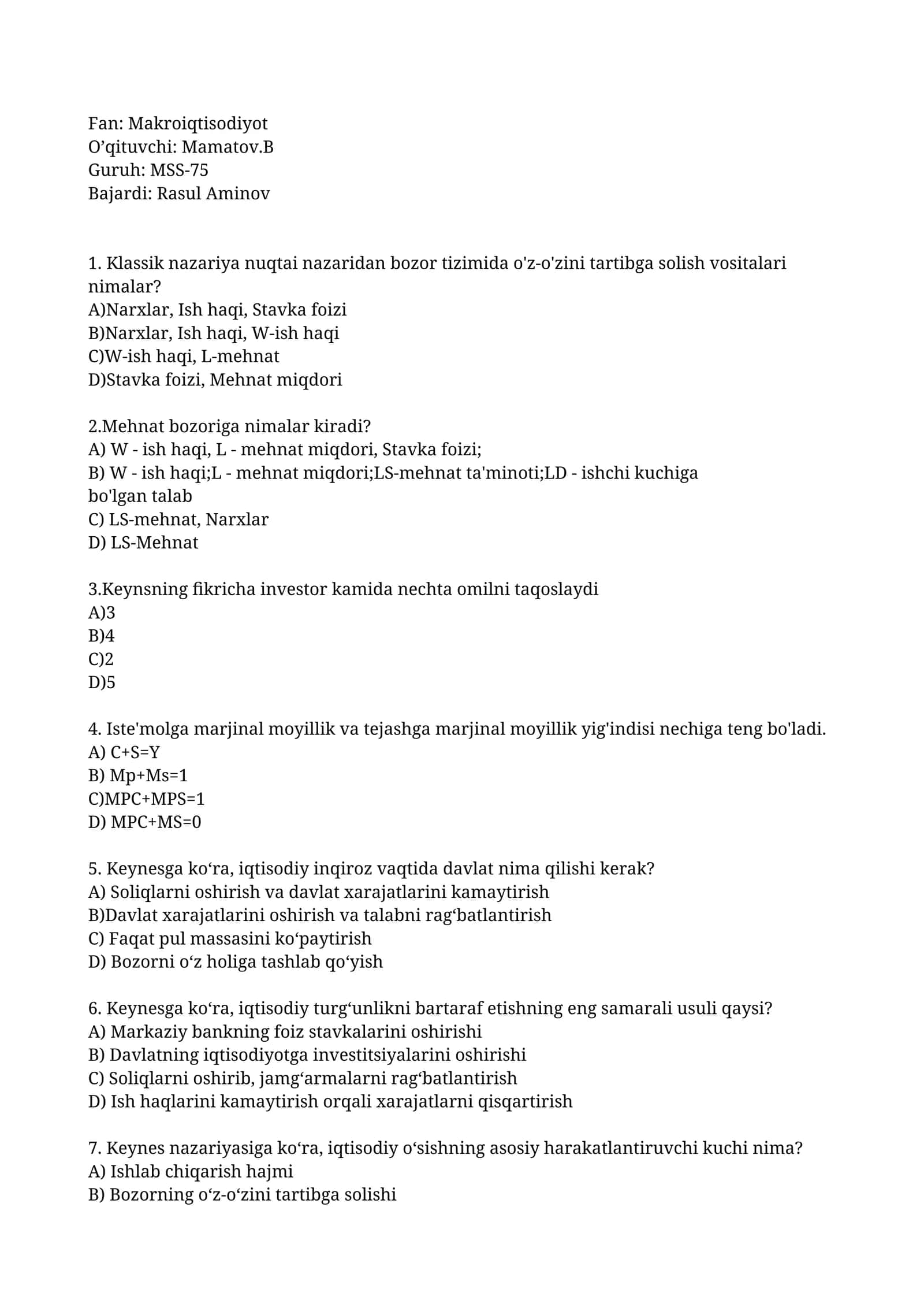 Makroiqtisodiyot Test Savollari