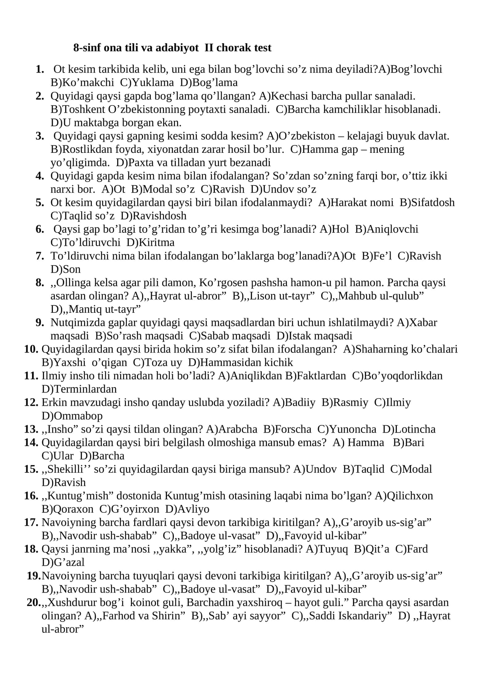 8-sinf ona tili va adabiyot II chorak test