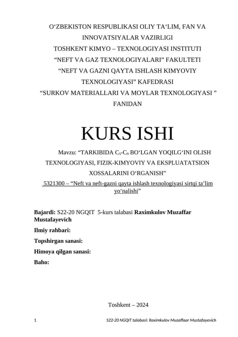 "Neft va gazni qayta ishlash kimyoviy texnologiyasi" Kurs ishi