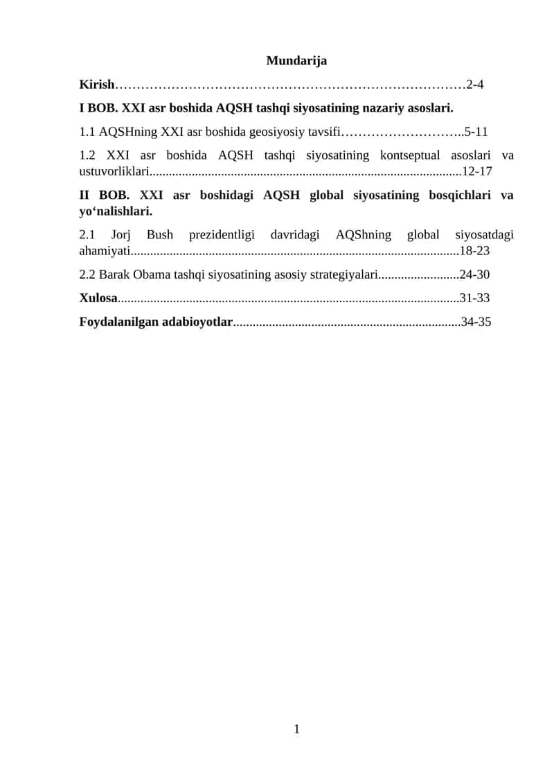 AQSHning XXI asr boshida tashqi siyosati