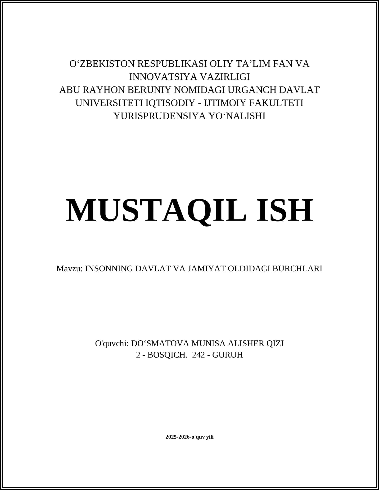 INSONNING DAVLAT VA JAMIYAT OLDIDAGI BURCHLARI