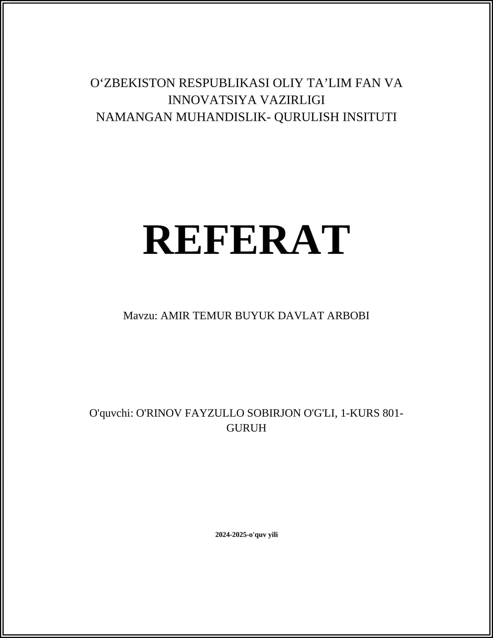 AMIR TEMUR BUYUK DAVLAT ARBOBI