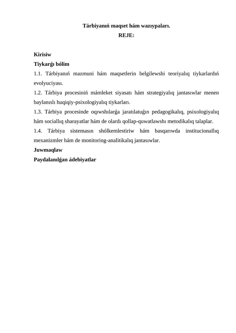 Tárbiyanıń maqset hám wazıypaları