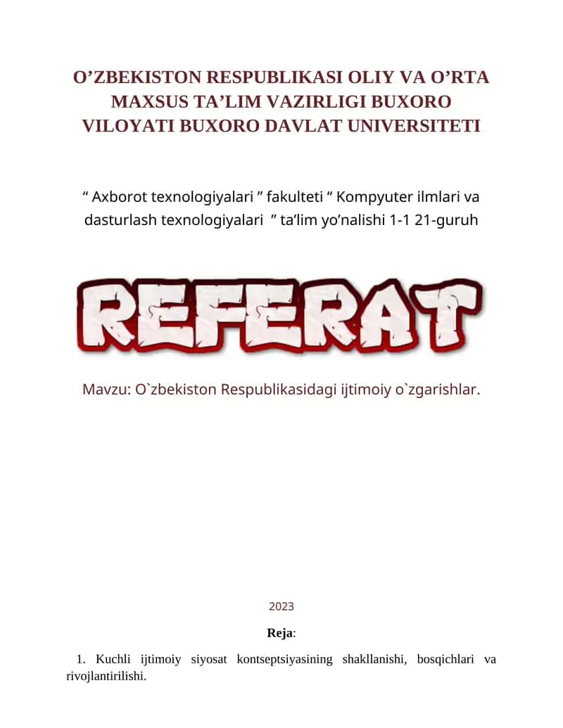 O`zbekiston Respublikasidagi ijtimoiy o`zgarishlar