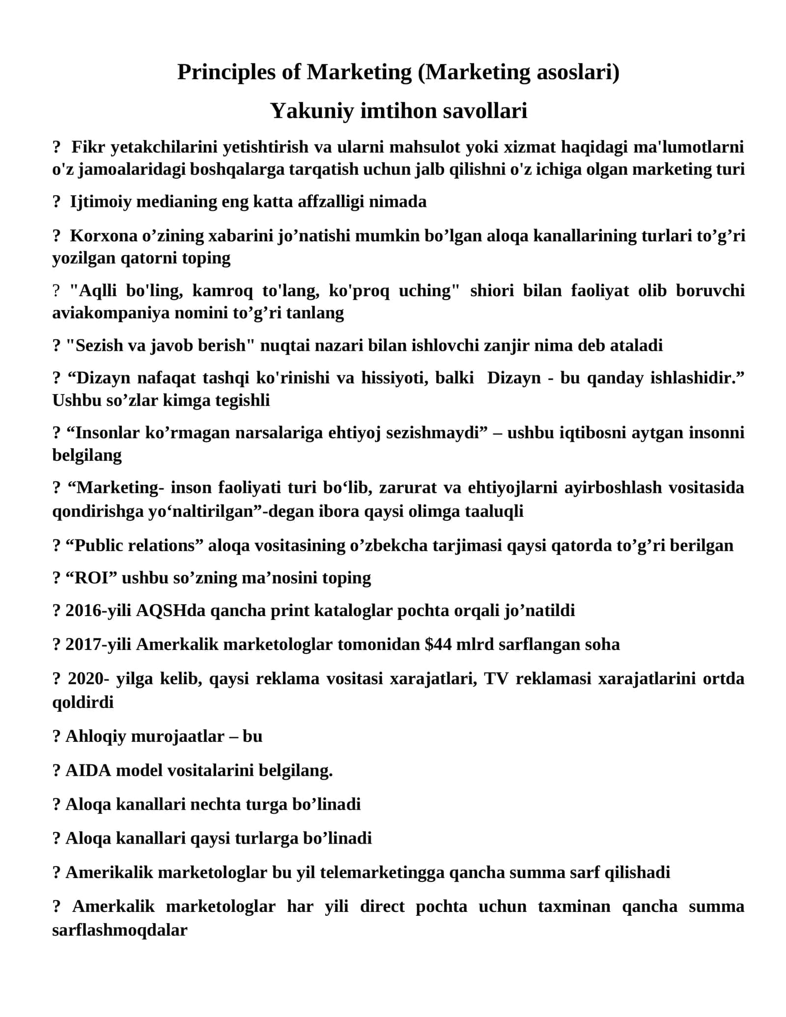Marketing asoslari (Principles of Marketing)
