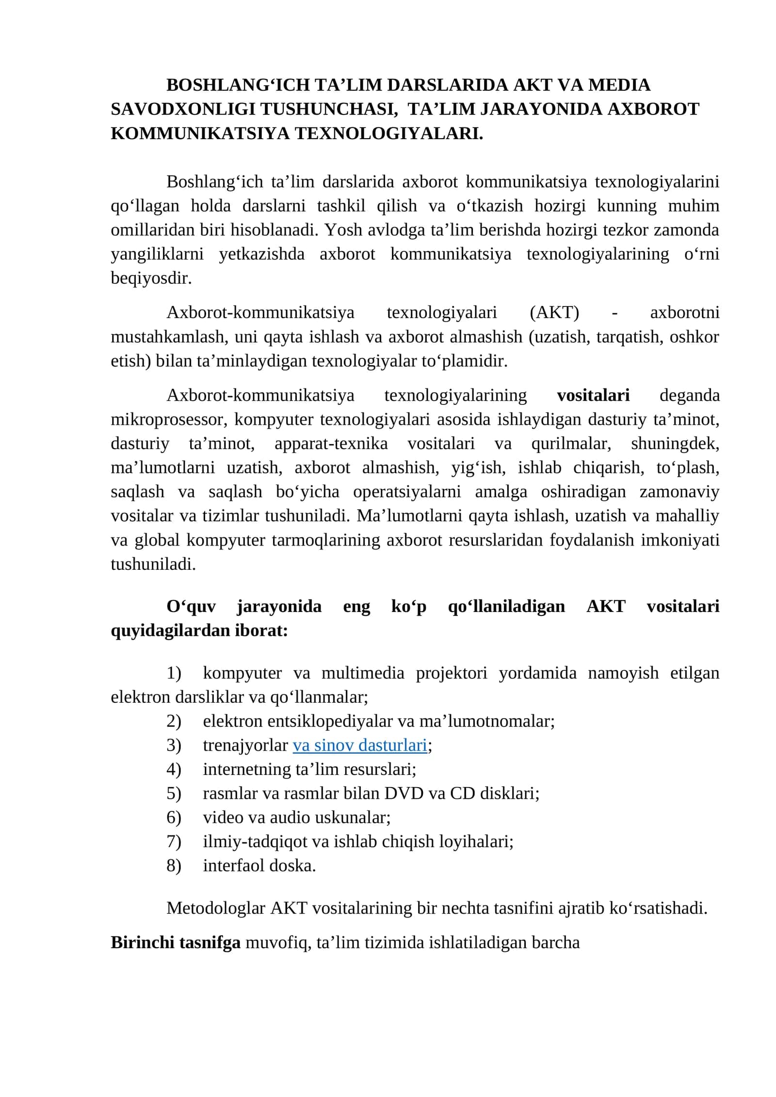 BOSHLANG‘ICH TA’LIM DARSLARIDA AKT VA MEDIA SAVODXONLIGI TUSHUNCHASI, TA’LIM JARAYONIDA AXBOROT KOMMUNIKATSIYA TEXNOLOGIYALARI.
