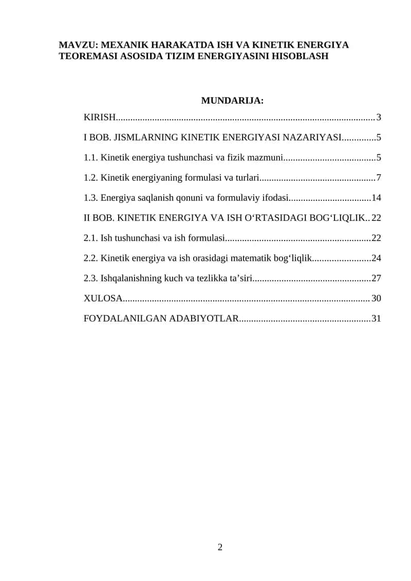 MEXANIK HARAKATDA ISH VA KINETIK ENERGIYA TEOREMASI ASOSIDA TIZIM ENERGIYASINI HISOBLASH
