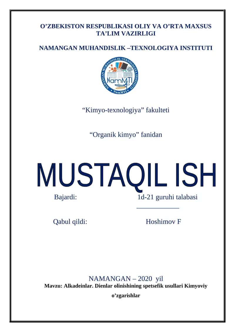 Alkadeinlar. Dienlar olinishining spetsefik usullari Kimyoviy o’zgarishlar