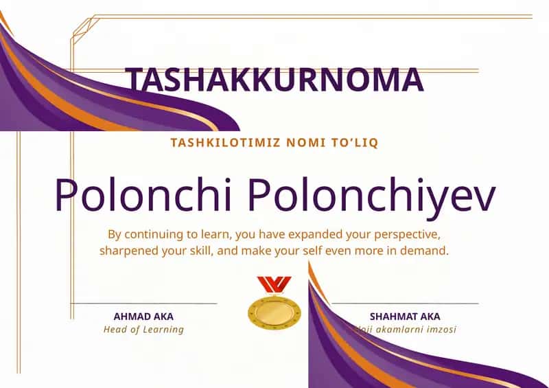 Tashakkurnoma shablon tayyori andoza