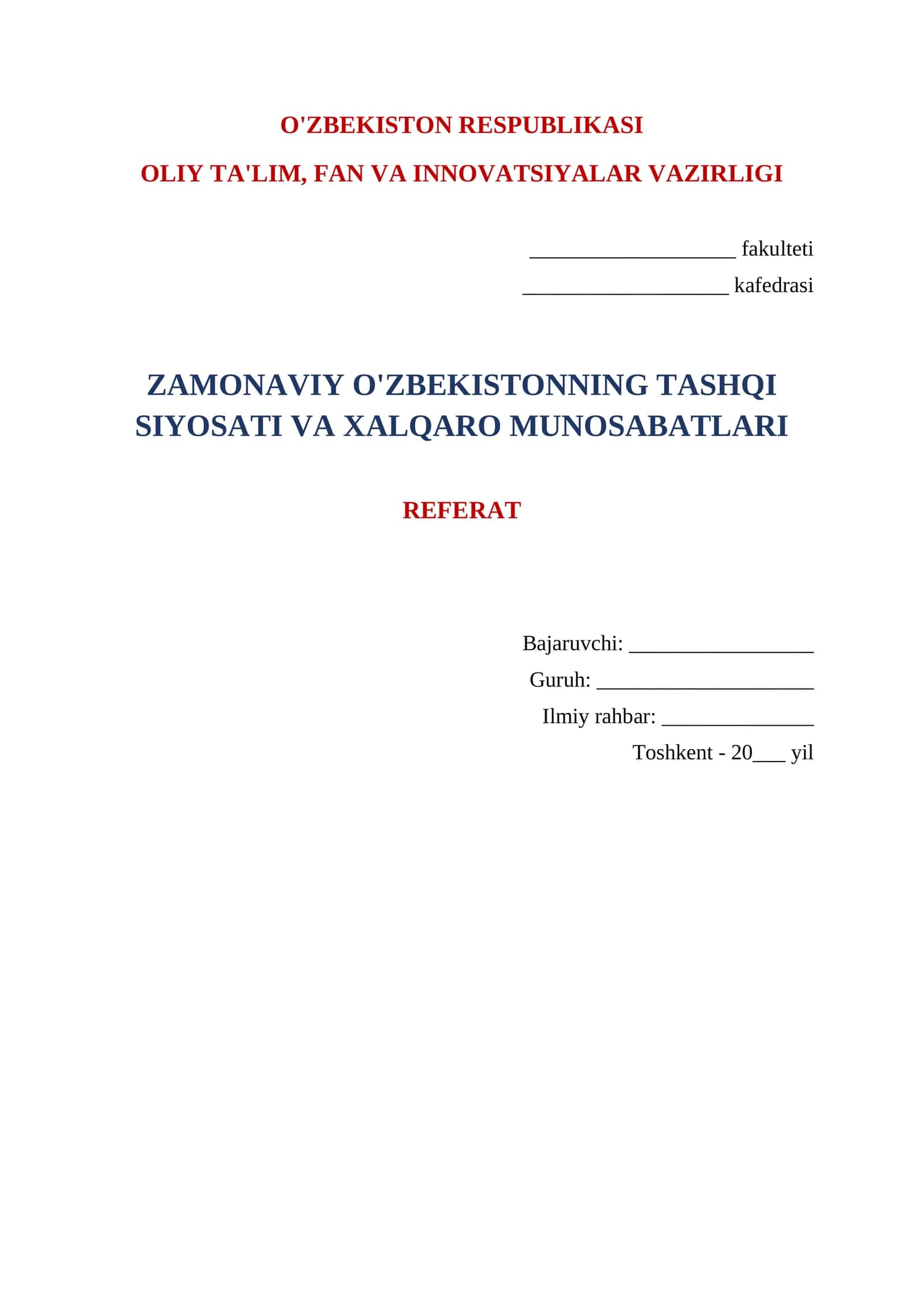 O'ZBEKISTONNING TASHQI SIYOSATI VA XALQARO MUNOSABATLARI
