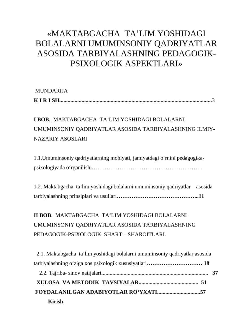 MAKTABGACHA TA’LIM YOSHIDAGI BOLALARNI UMUMINSONIY QADRIYATLAR ASOSIDA TARBIYALASHNING PEDAGOGIK-PSIXOLOGIK ASPEKTLARI