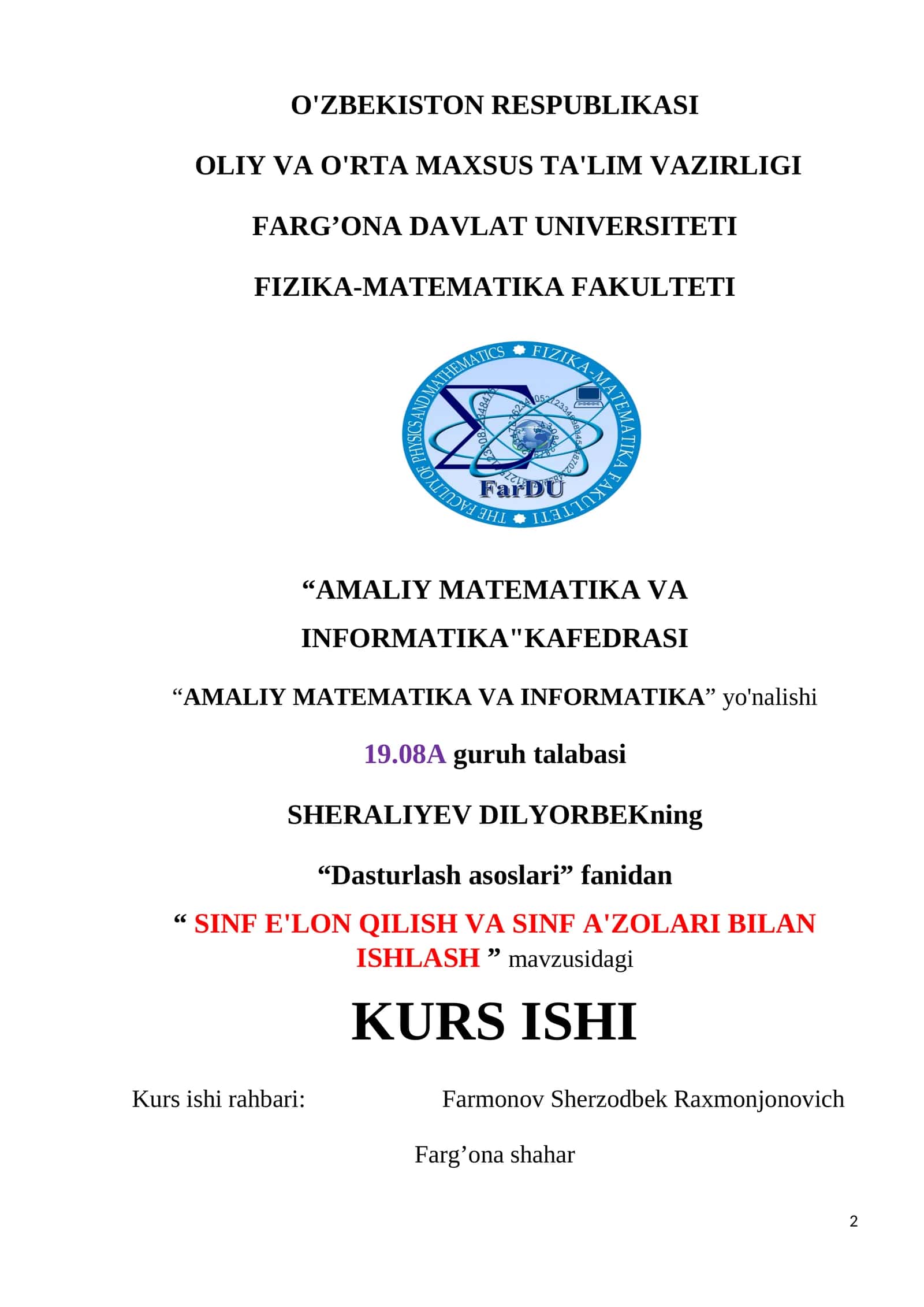 “ SINF E'LON QILISH VA SINF A'ZOLARI BILAN ISHLASH ”