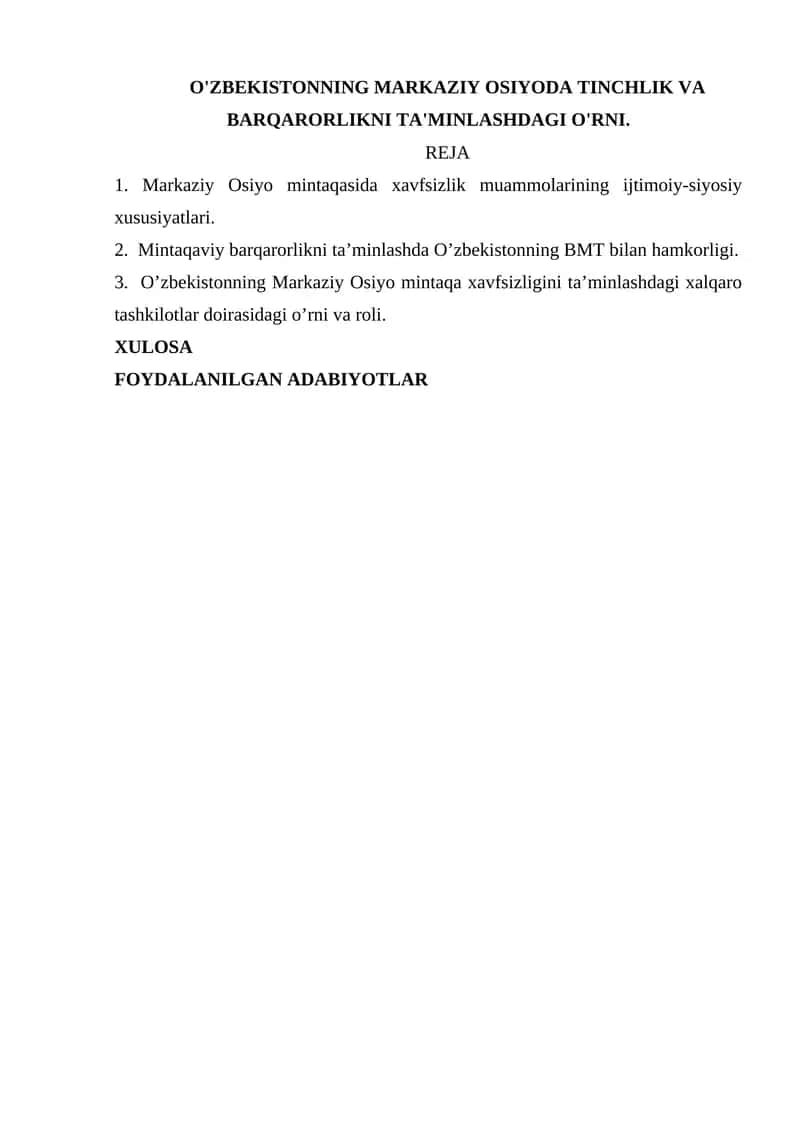 Mintaqaviy barqarorlikni ta’minlashda O’zbekistonning BMT bilan hamkorligi