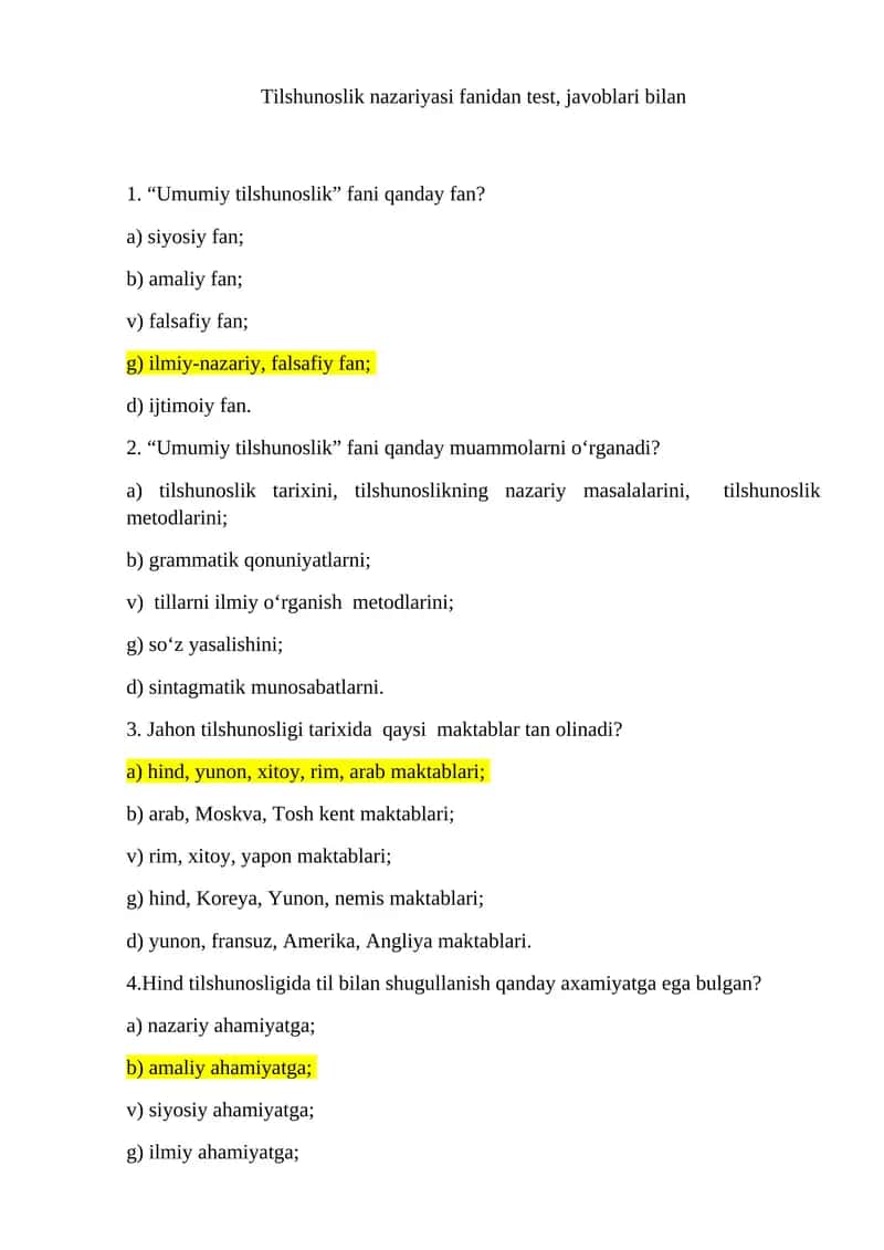 Umumiy tilshunoslik fanidan test, javoblari bilan