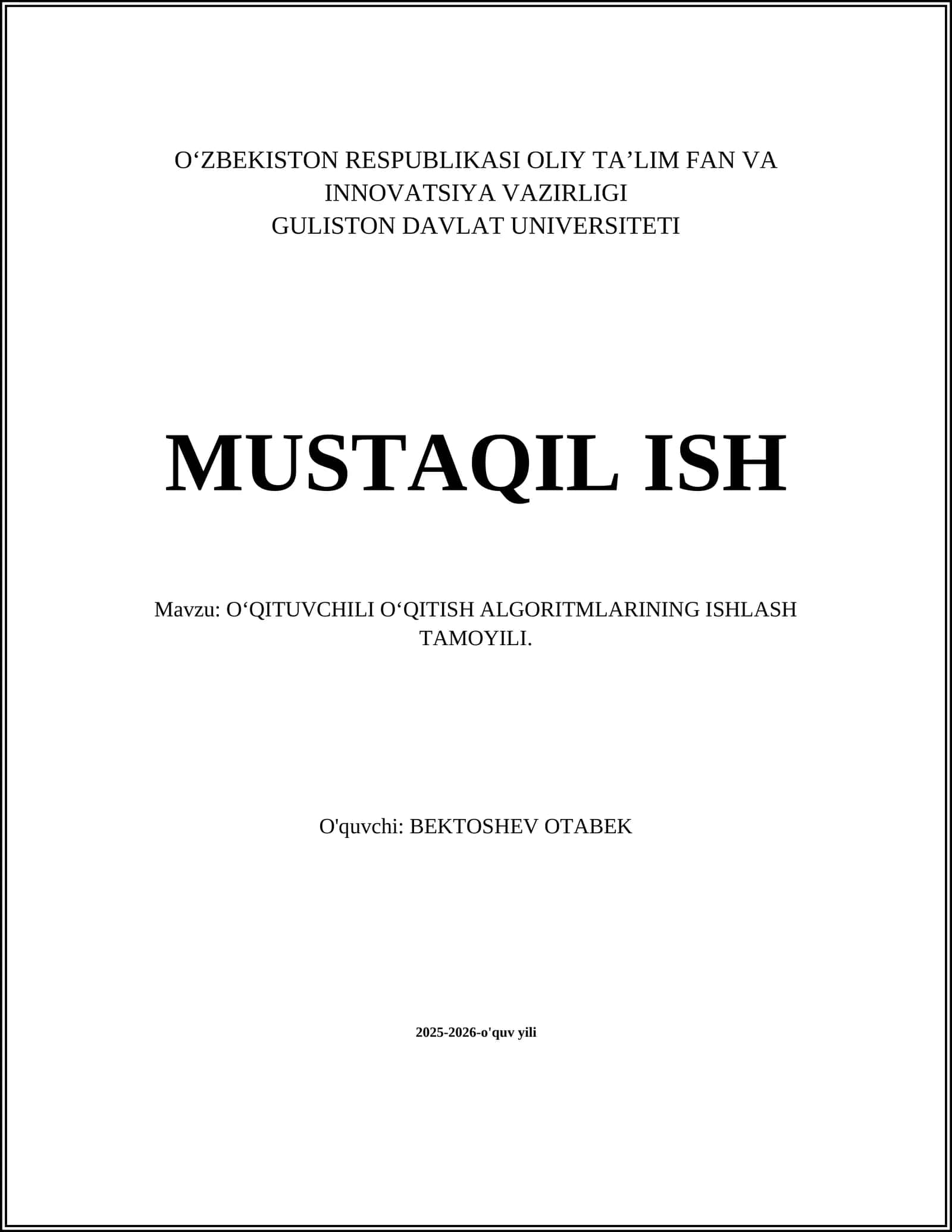 O‘QITUVCHILI O‘QITISH ALGORITMLARINING ISHLASH TAMOYILI