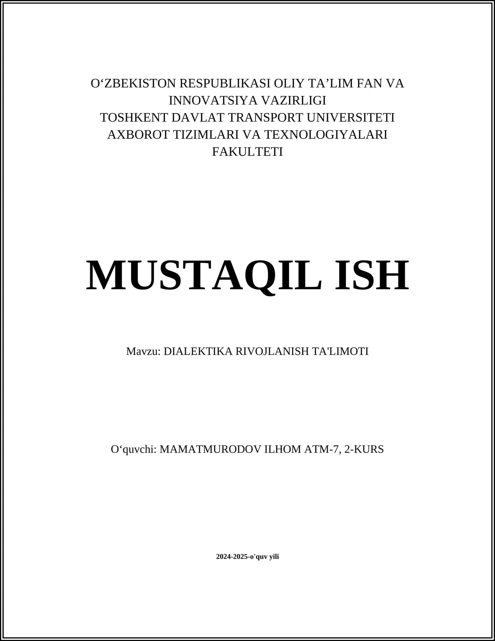 DIALEKTIKA RIVOJLANISH TA'LIMOTI