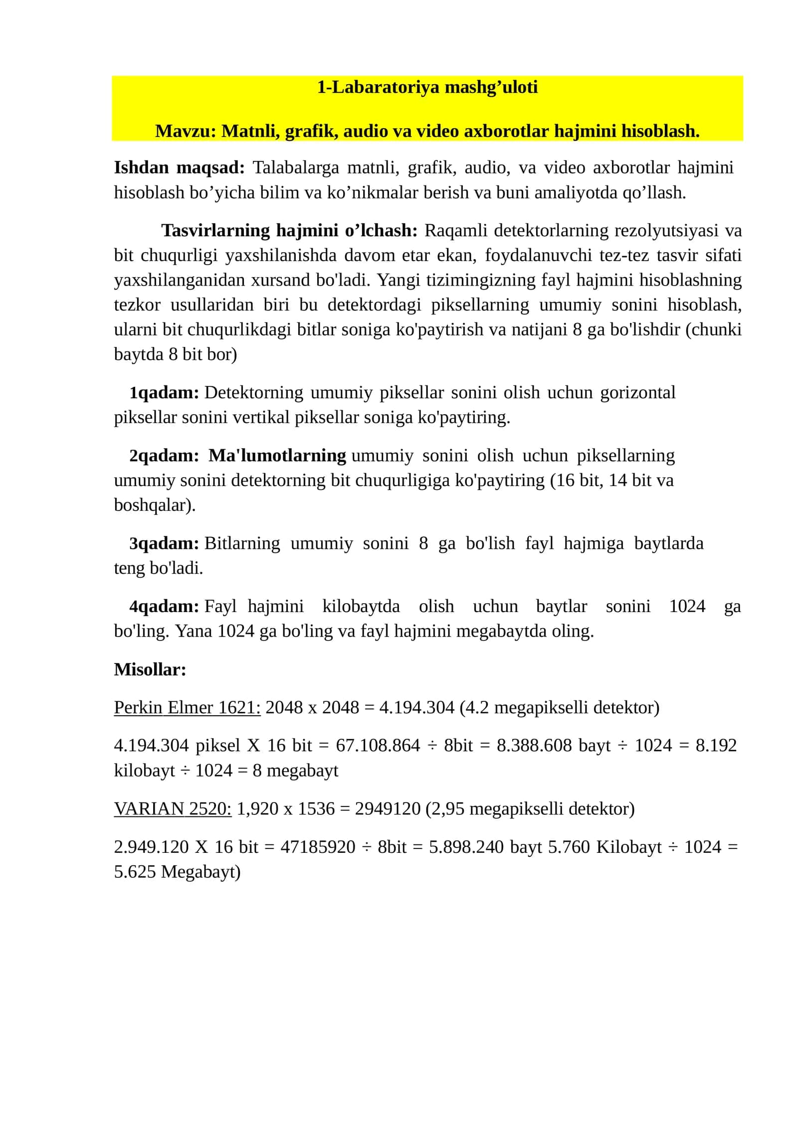 Matnli, grafik, audiovideo axborotlar hajmini hisoblash