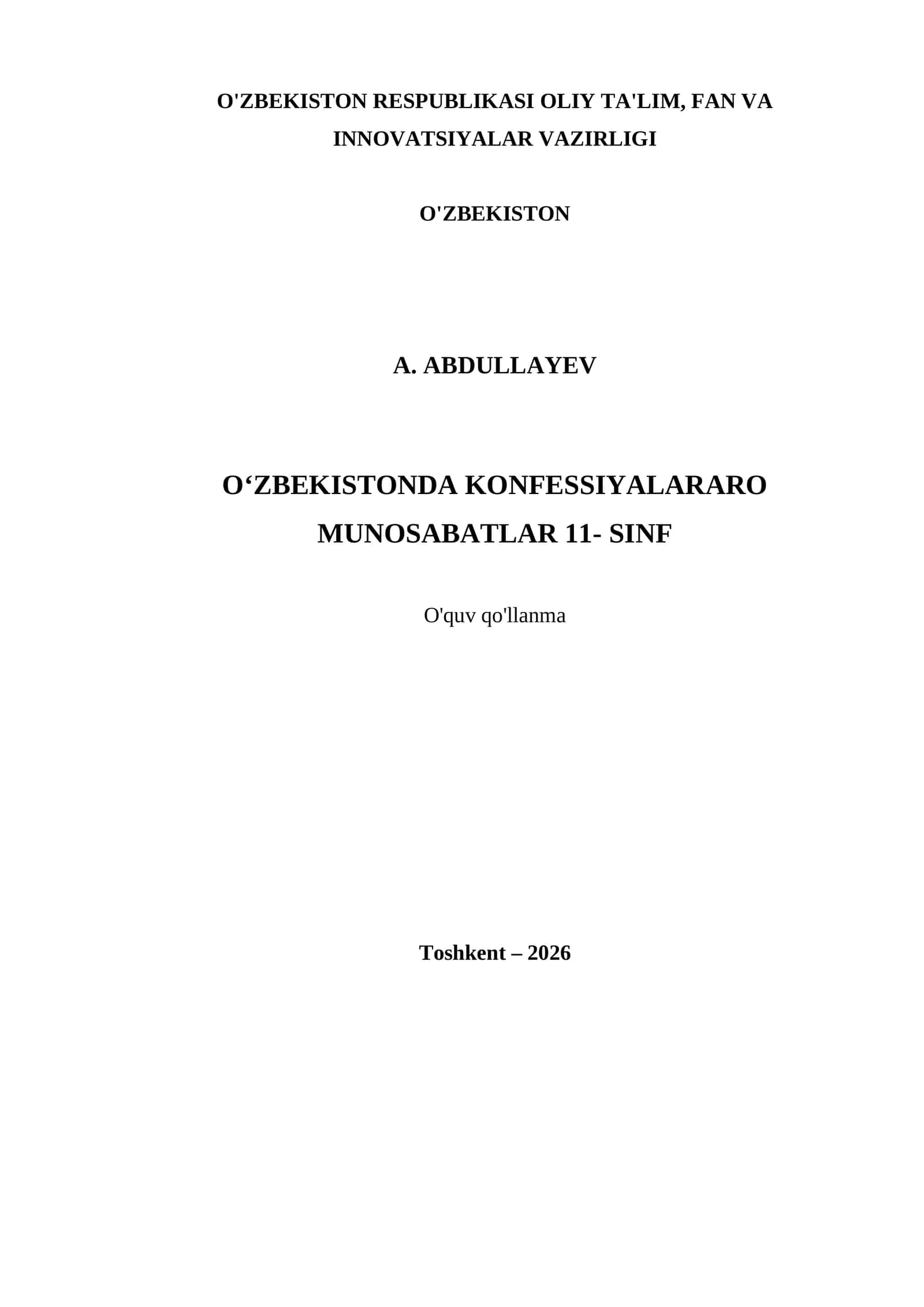 O‘ZBEKISTONDA KONFESSIYALARARO MUNOSABATLAR 11- SINF