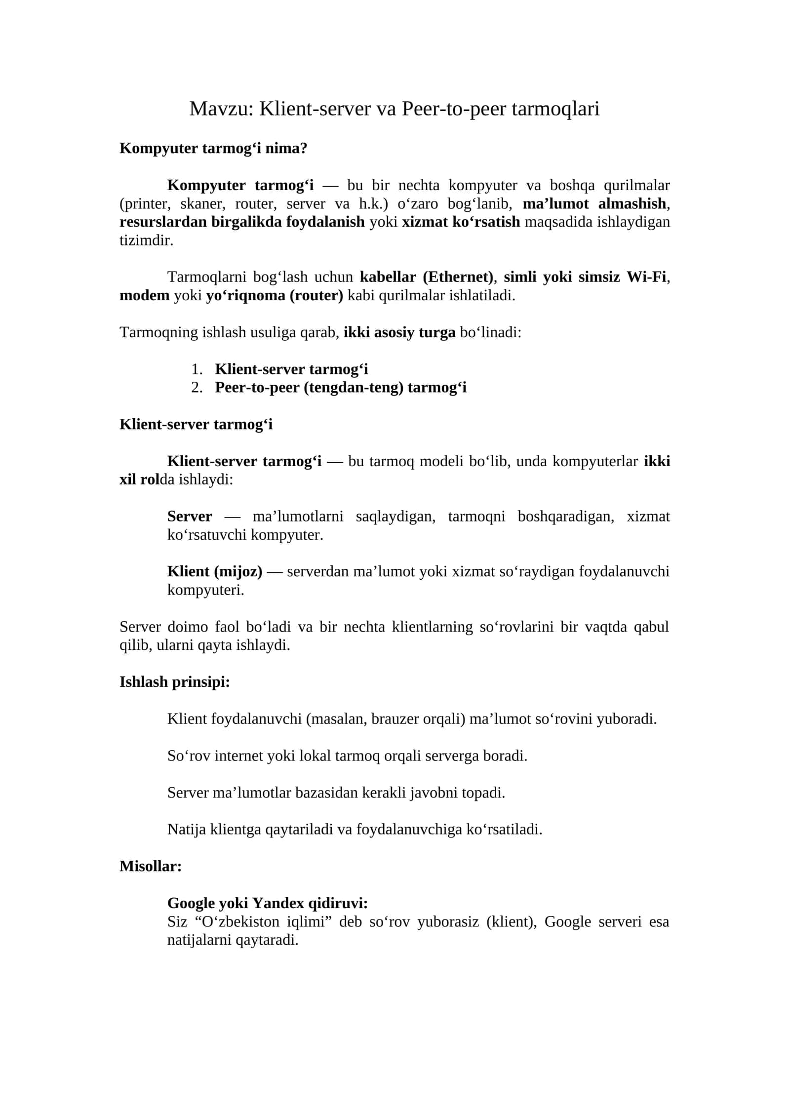 Klient-server va Peer-to-peer tarmoqlari