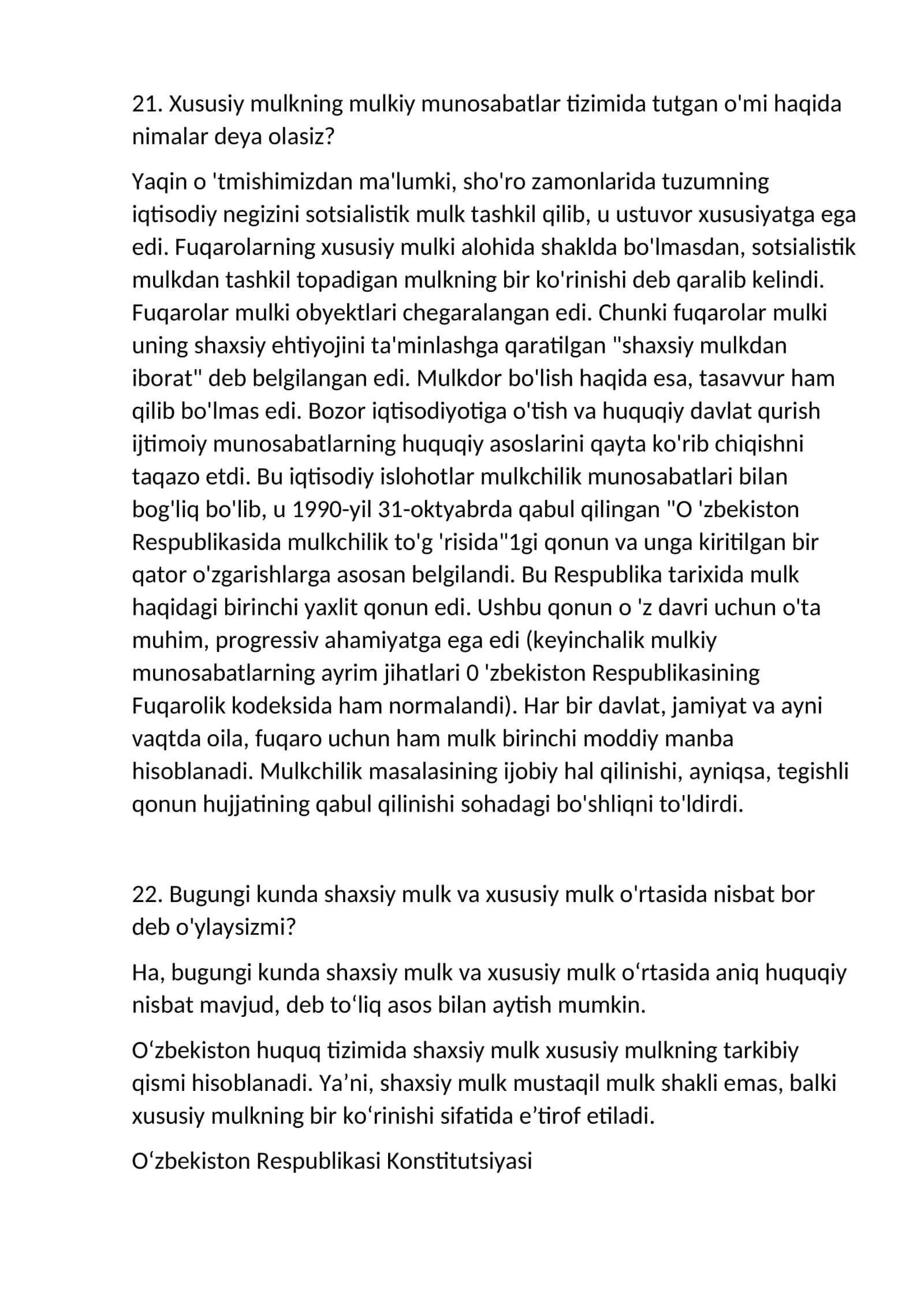 Xususiy mulkning mulkiy munosabatlar tizimi