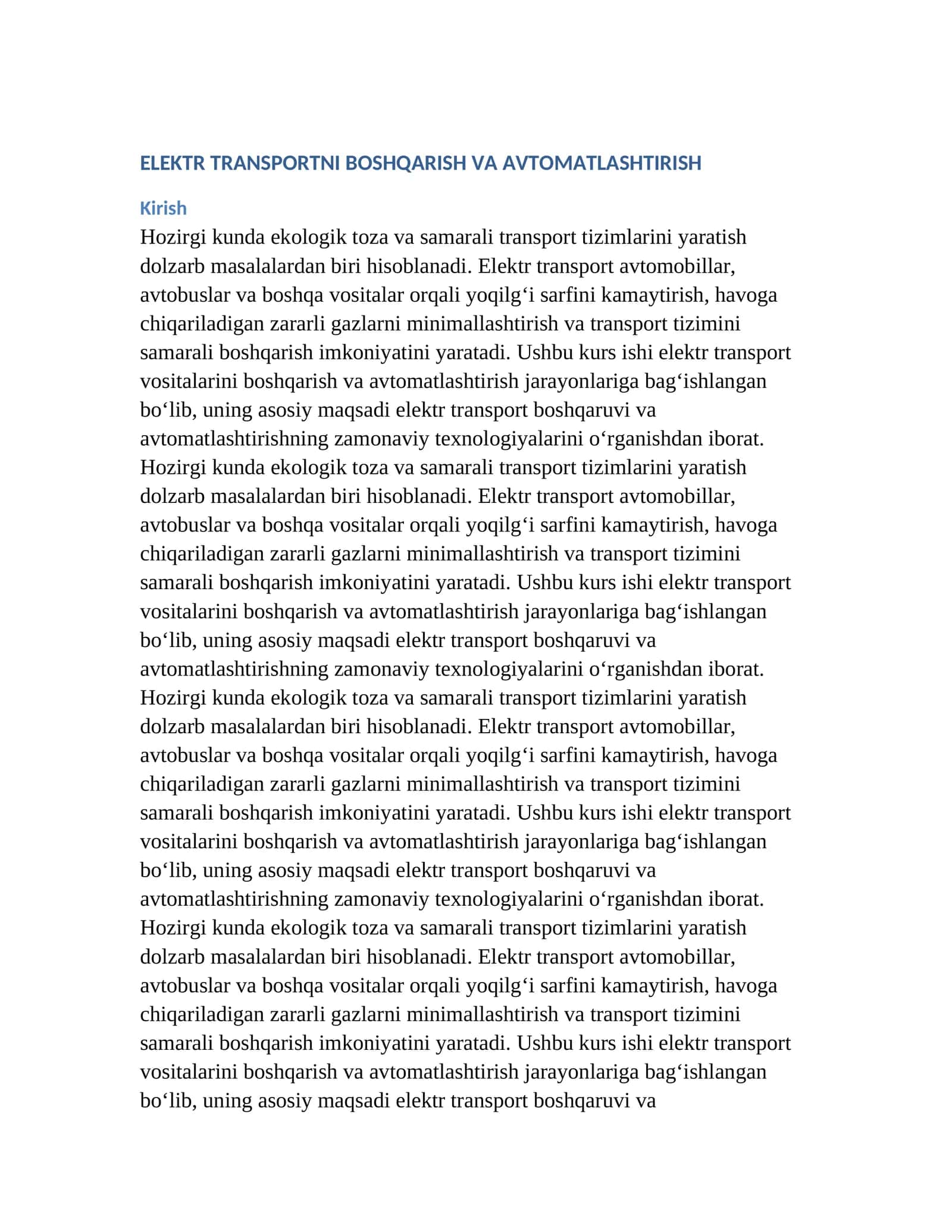 ELEKTR TRANSPORTNI BOSHQARISH VA AVTOMATLASHTIRISH